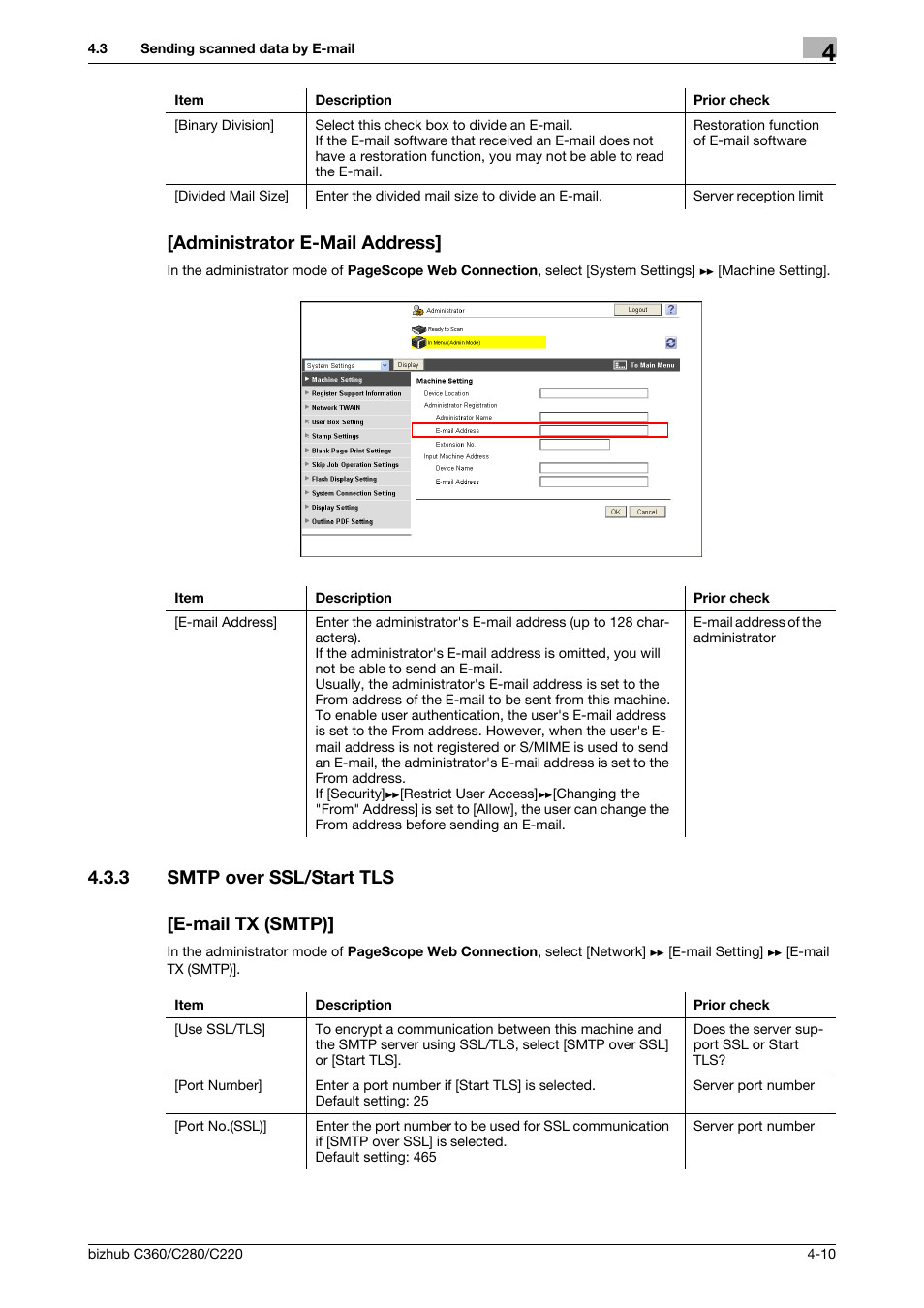 Administrator e-mail address, 3 smtp over ssl/start tls, E-mail tx (smtp) | Administrator e-mail address] -10, Smtp over ssl/start tls -10 [e-mail tx (smtp)] -10, Smtp over, Ssl/start tls, 3 smtp over ssl/start tls [e-mail tx (smtp) | Konica Minolta BIZHUB C360 User Manual | Page 46 / 366