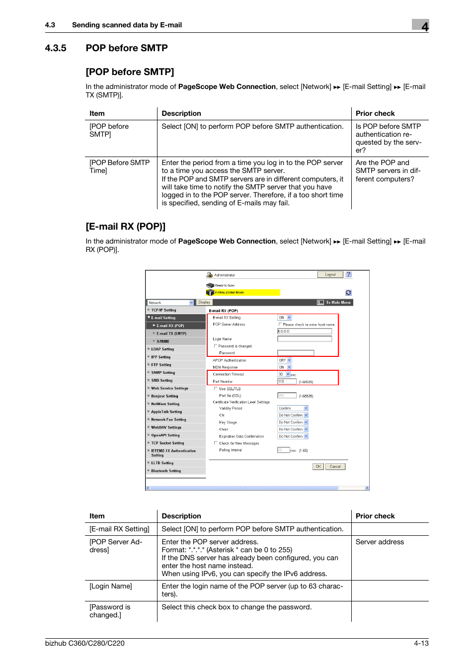 5 pop before smtp, Pop before smtp, E-mail rx (pop) | 5 pop before smtp [pop before smtp | Konica Minolta BIZHUB C360 User Manual | Page 49 / 366