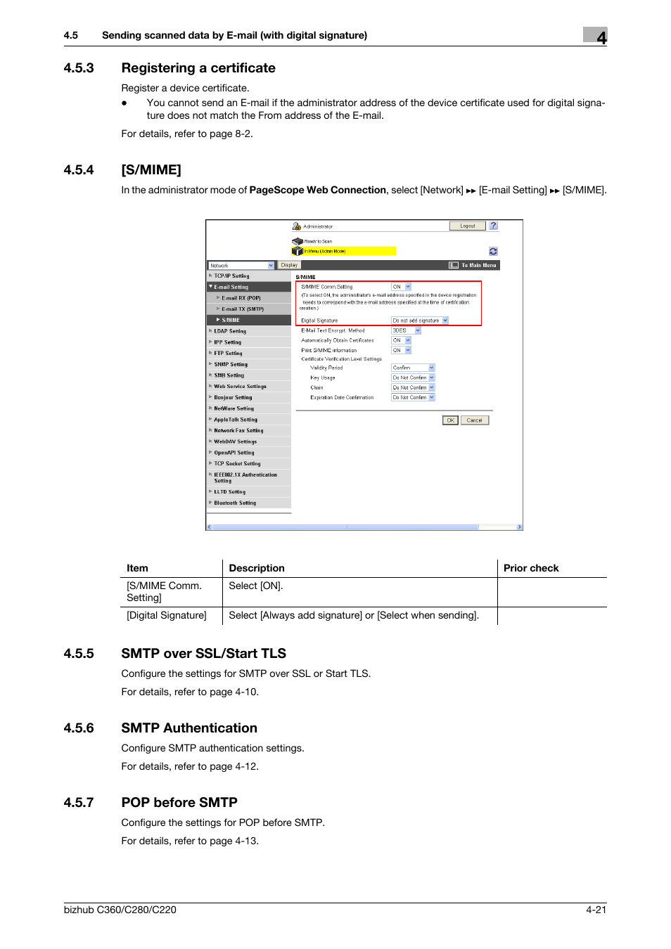 3 registering a certificate, 4 [s/mime, 5 smtp over ssl/start tls | 6 smtp authentication, 7 pop before smtp, Registering a certificate -21, S/mime] -21, Smtp over ssl/start tls -21, Smtp authentication -21, Pop before smtp -21 | Konica Minolta BIZHUB C360 User Manual | Page 57 / 366