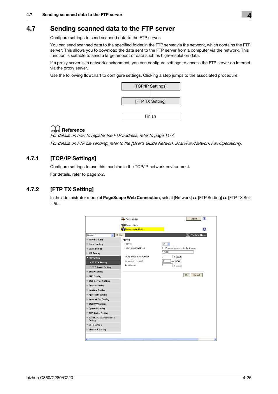 7 sending scanned data to the ftp server, 1 [tcp/ip settings, 2 [ftp tx setting | Sending scanned data to the ftp server -26, Tcp/ip settings] -26, Ftp tx setting] -26 | Konica Minolta BIZHUB C360 User Manual | Page 62 / 366