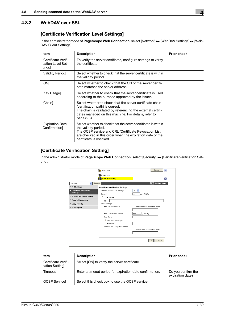 3 webdav over ssl, Certificate verification level settings, Certificate verification setting | Webdav over ssl | Konica Minolta BIZHUB C360 User Manual | Page 66 / 366