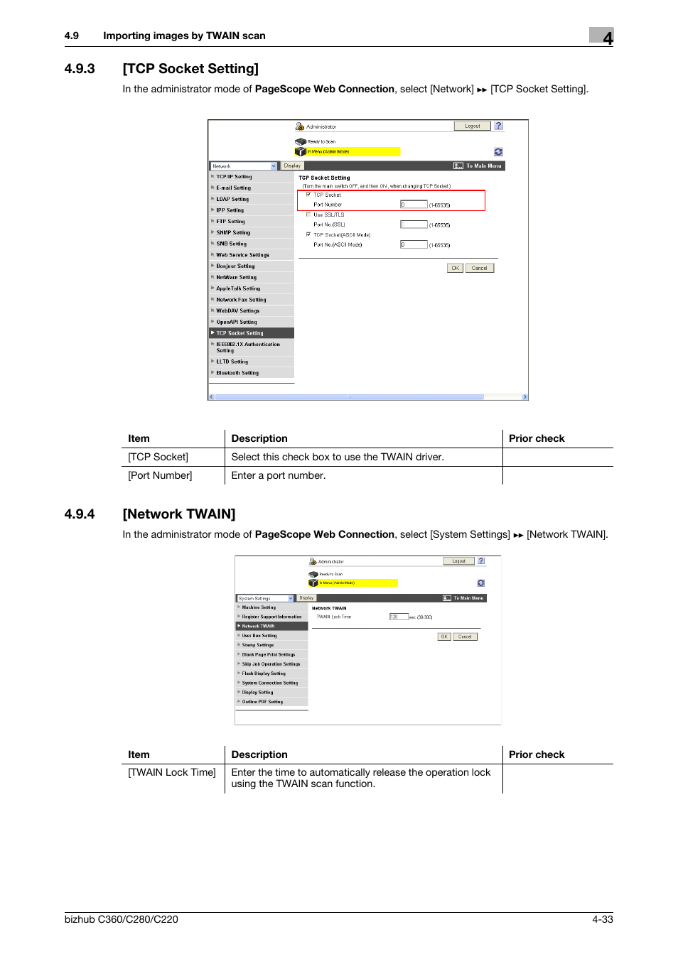 3 [tcp socket setting, 4 [network twain, Tcp socket setting] -33 | Network twain] -33, Tcp socket setting, Network twain | Konica Minolta BIZHUB C360 User Manual | Page 69 / 366