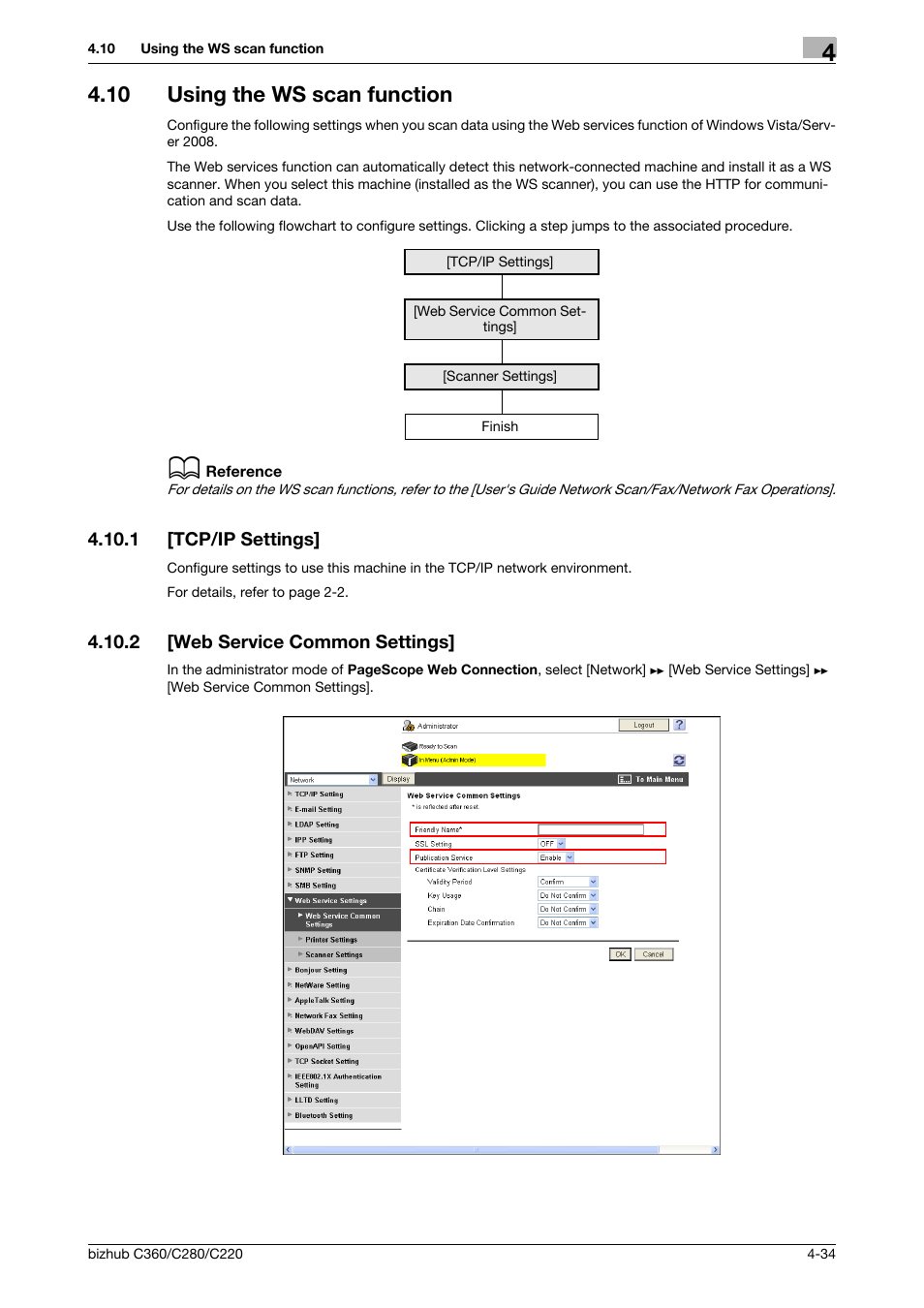 10 using the ws scan function, 1 [tcp/ip settings, 2 [web service common settings | Using the ws scan function -34, Tcp/ip settings] -34, Web service common settings] -34 | Konica Minolta BIZHUB C360 User Manual | Page 70 / 366