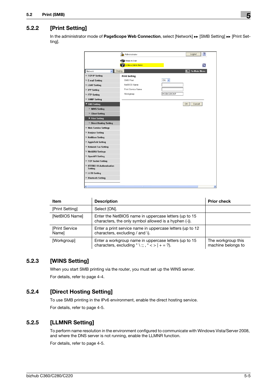 2 [print setting, 3 [wins setting, 4 [direct hosting setting | 5 [llmnr setting, Print setting] -5, Wins setting] -5, Direct hosting setting] -5, Llmnr setting] -5, Print setting, Direct hosting setting | Konica Minolta BIZHUB C360 User Manual | Page 76 / 366