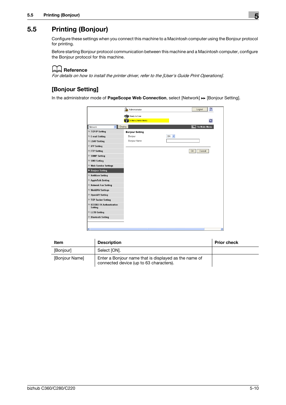 5 printing (bonjour), Bonjour setting, Printing (bonjour) -10 [bonjour setting] -10 | Konica Minolta BIZHUB C360 User Manual | Page 81 / 366