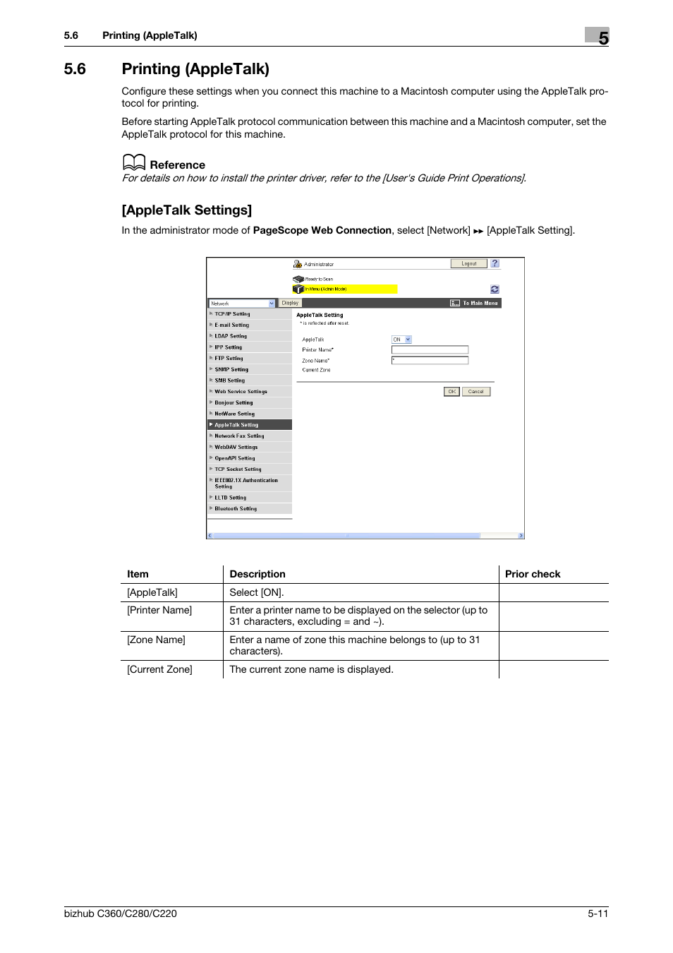 6 printing (appletalk), Appletalk settings, Printing (appletalk) -11 [appletalk settings] -11 | Konica Minolta BIZHUB C360 User Manual | Page 82 / 366