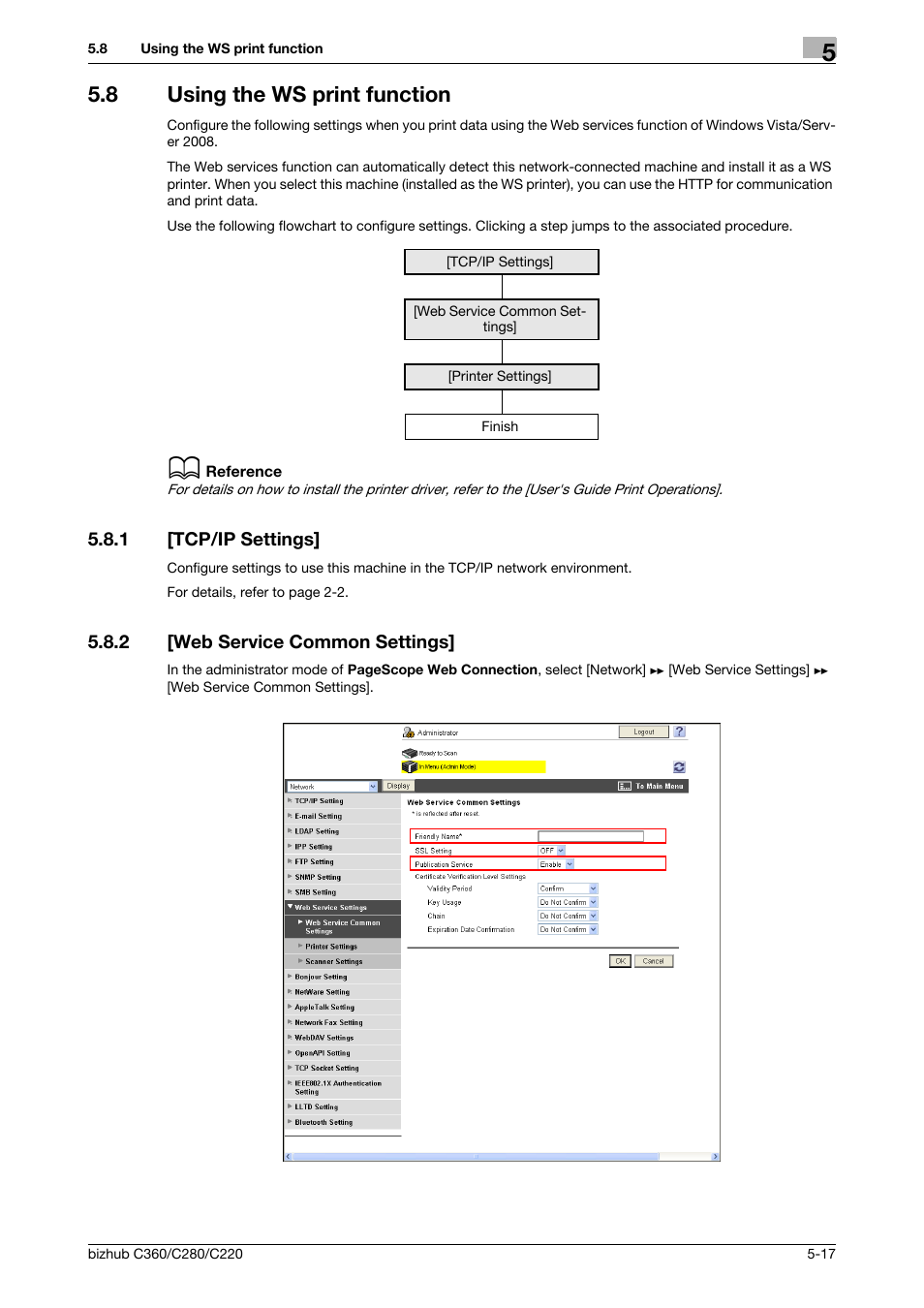 8 using the ws print function, 1 [tcp/ip settings, 2 [web service common settings | Using the ws print function -17, Tcp/ip settings] -17, Web service common settings] -17 | Konica Minolta BIZHUB C360 User Manual | Page 88 / 366