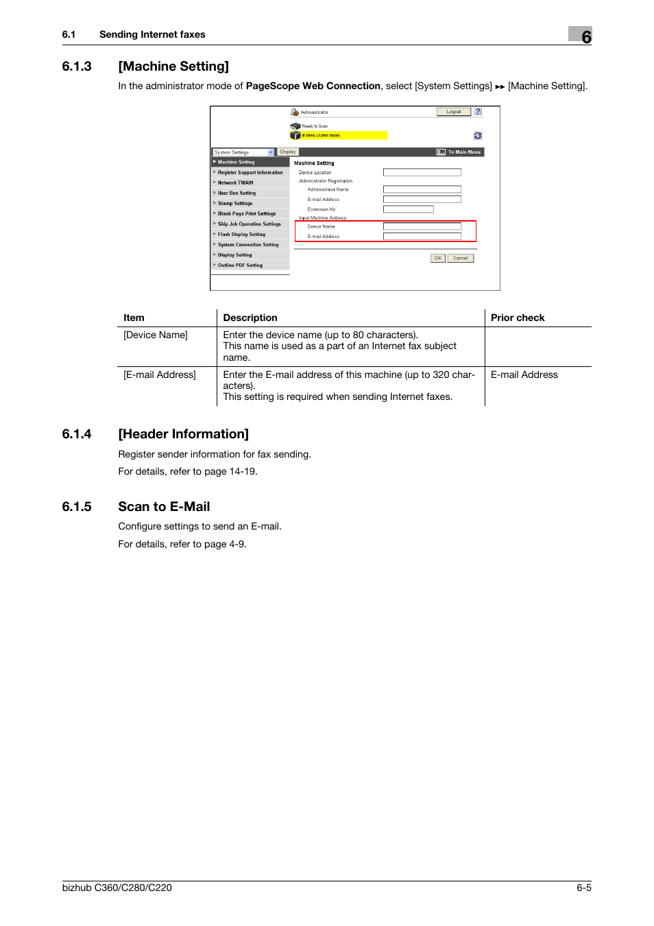 3 [machine setting, 4 [header information, 5 scan to e-mail | Machine setting] -5, Header information] -5, Scan to e-mail -5, Machine setting, Header informa, Tion, Scan to e-mail | Konica Minolta BIZHUB C360 User Manual | Page 96 / 366