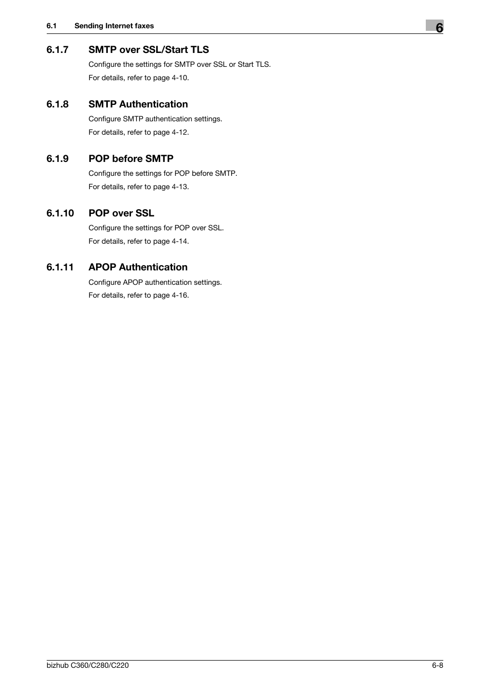 7 smtp over ssl/start tls, 8 smtp authentication, 9 pop before smtp | 10 pop over ssl, 11 apop authentication, Smtp over ssl/start tls -8, Smtp authentication -8, Pop before smtp -8, Pop over ssl -8, Apop authentication -8 | Konica Minolta BIZHUB C360 User Manual | Page 99 / 366