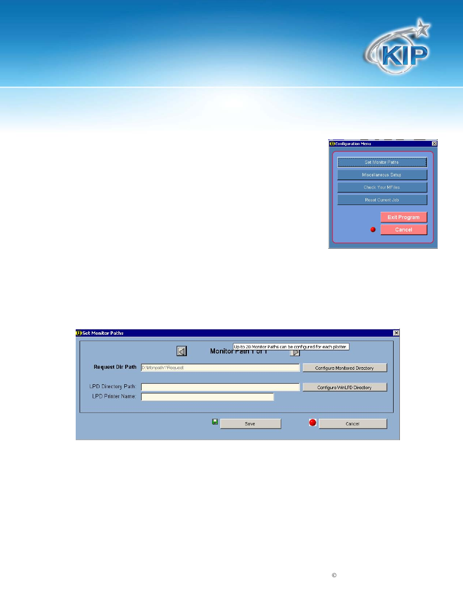 Kip unattend operator guide, Configuration menu, Set monitor paths | Request dir path | Konica Minolta KIP 7900 User Manual | Page 6 / 35