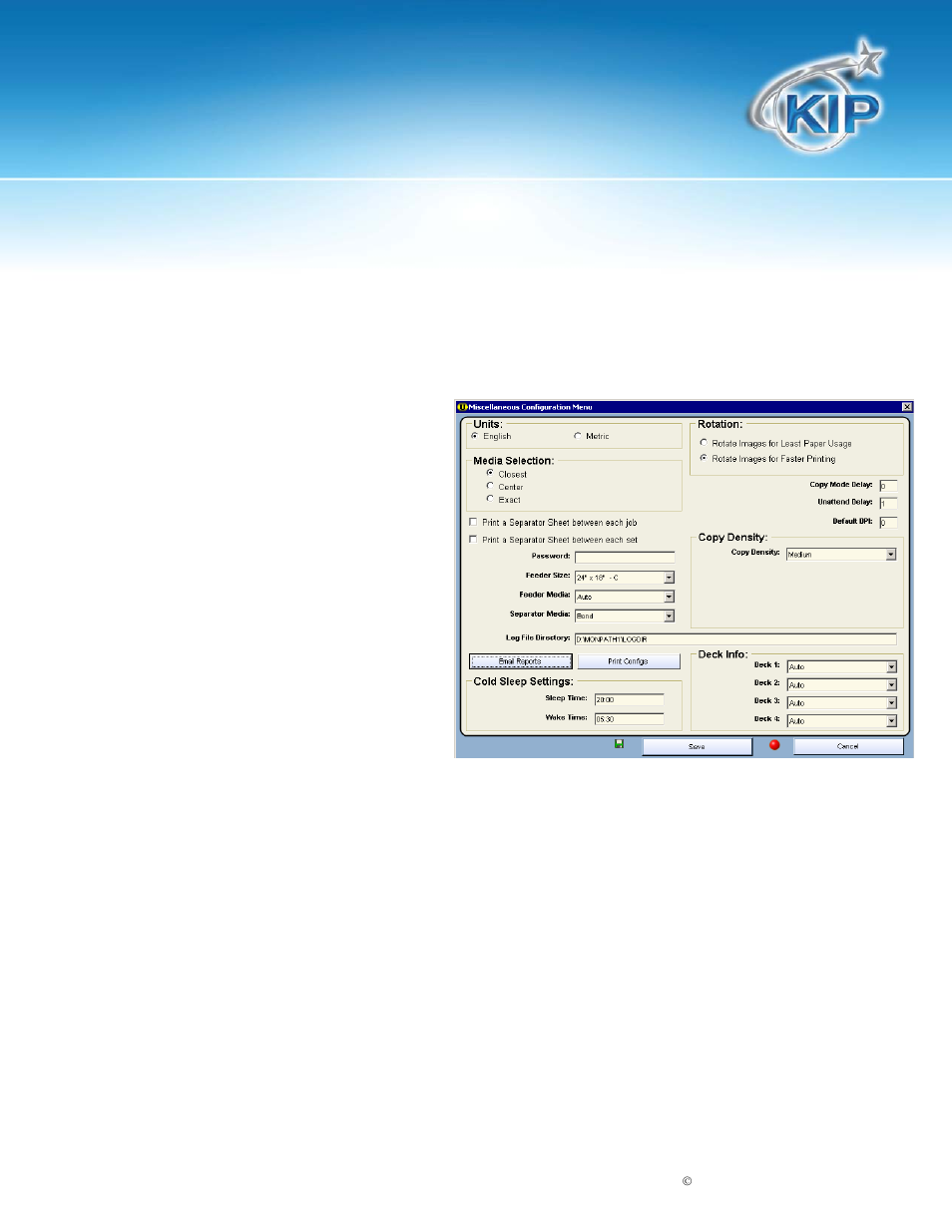 Kip unattend operator guide, Units, Media selection | Rotation, Password, Copy density, Feeder size | Konica Minolta KIP 7900 User Manual | Page 8 / 35