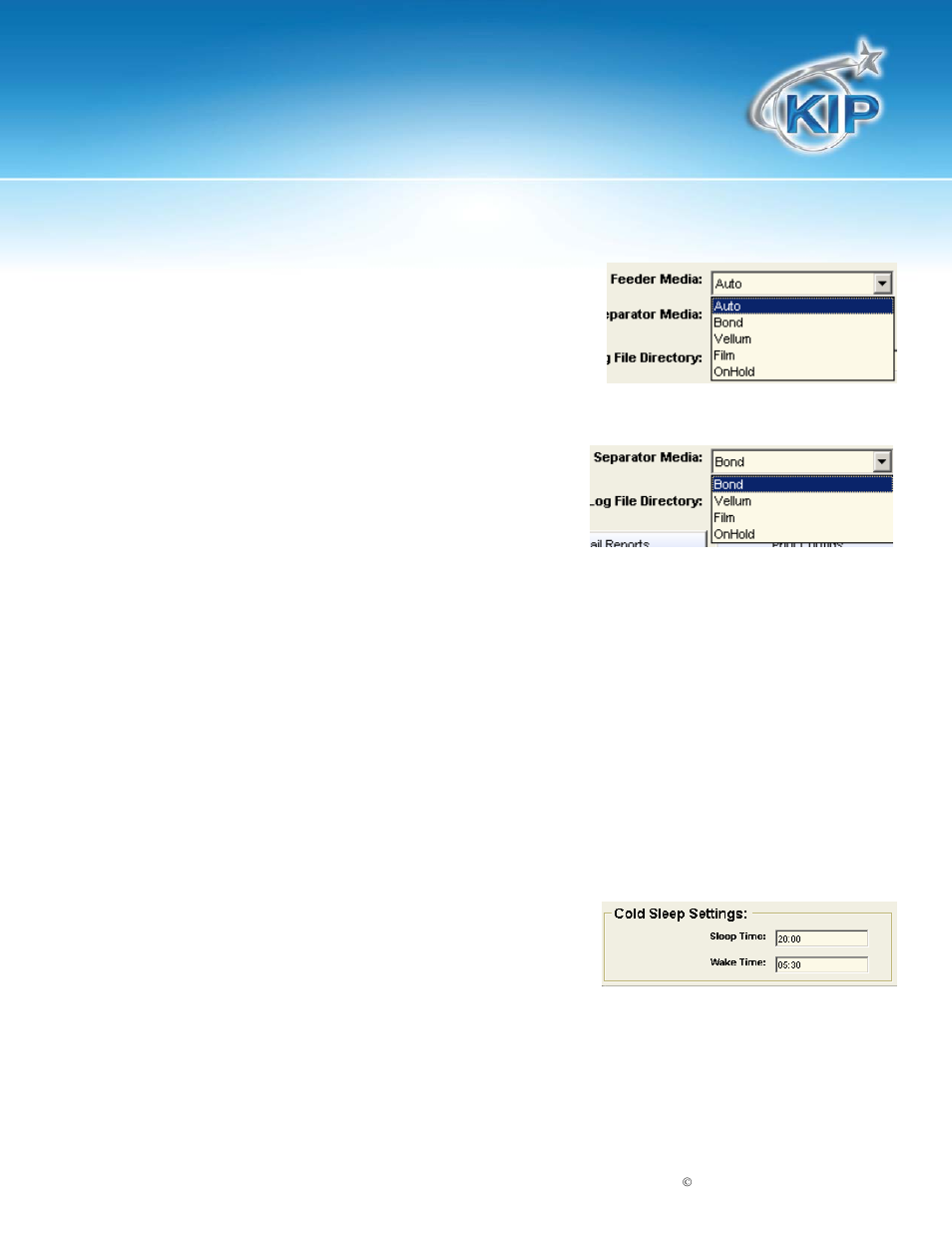 Kip unattend operator guide, Feeder media, Separator media | Log file directory, Print configs, Cold sleep settings | Konica Minolta KIP 7900 User Manual | Page 9 / 35