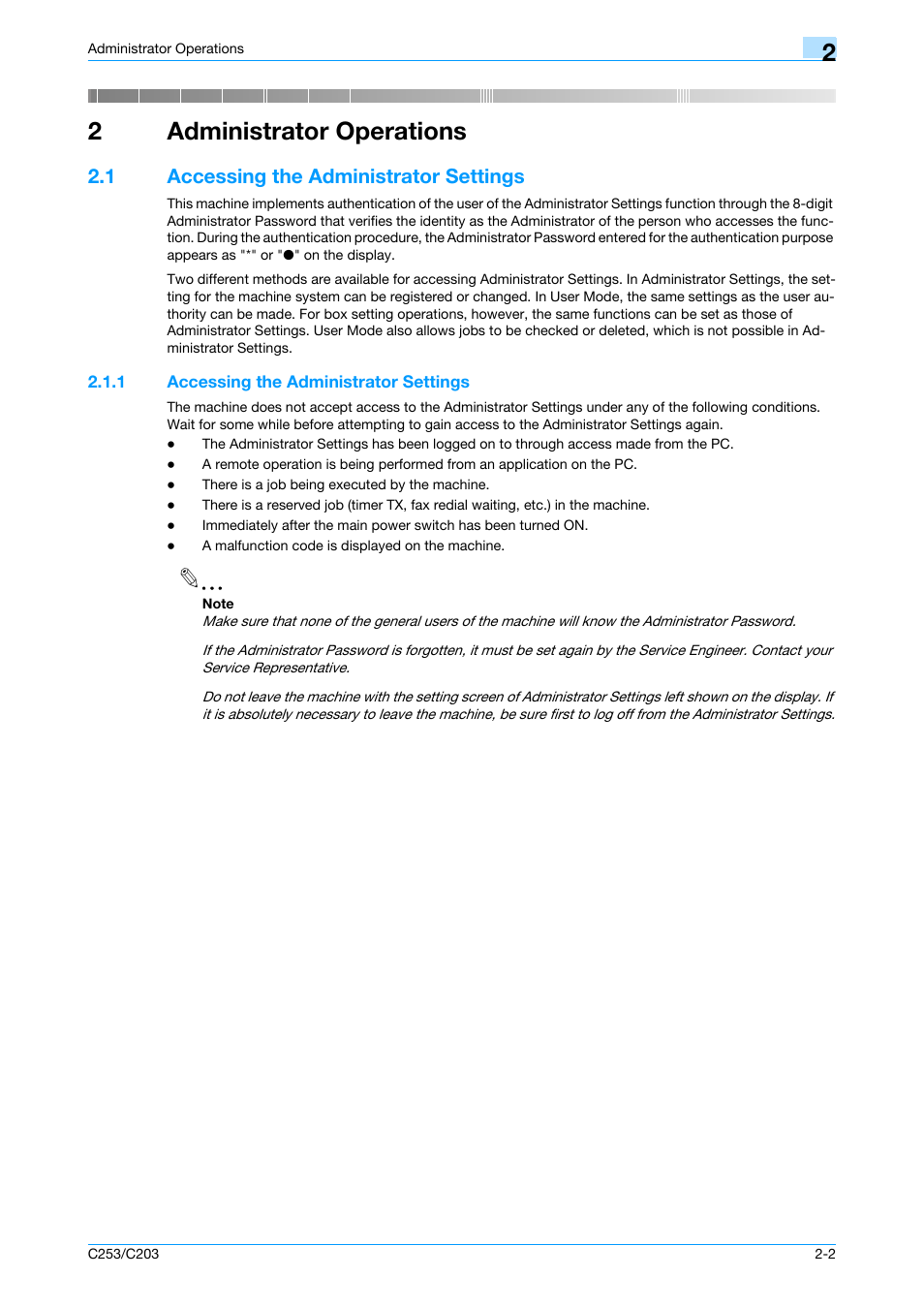 2 administrator operations, 1 accessing the administrator settings, Administrator operations | Accessing the administrator settings -2, 2administrator operations | Konica Minolta BIZHUB C253 User Manual | Page 13 / 65