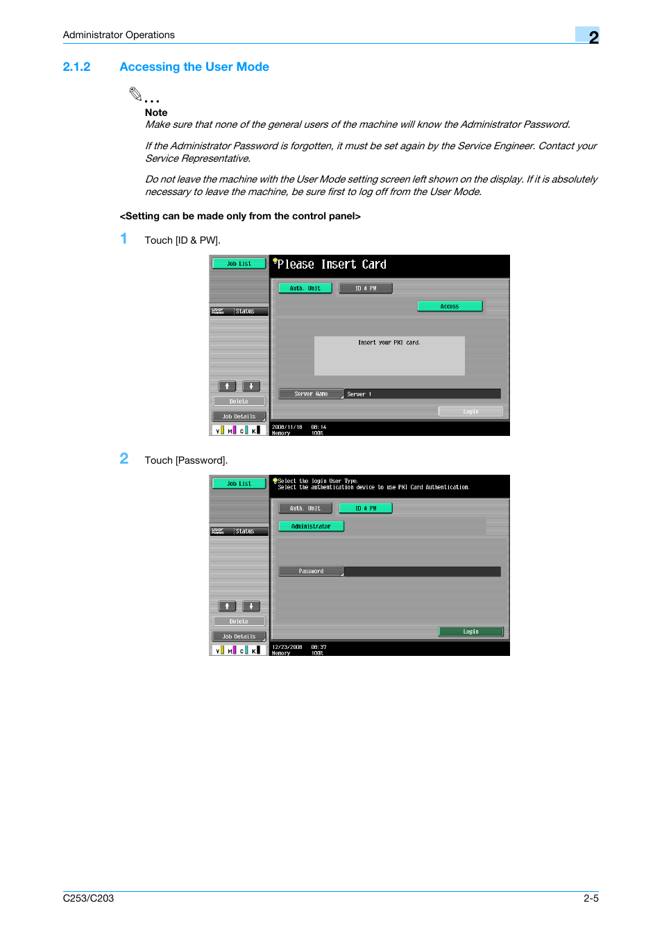 2 accessing the user mode, Setting can be made only from the control panel | Konica Minolta BIZHUB C253 User Manual | Page 16 / 65