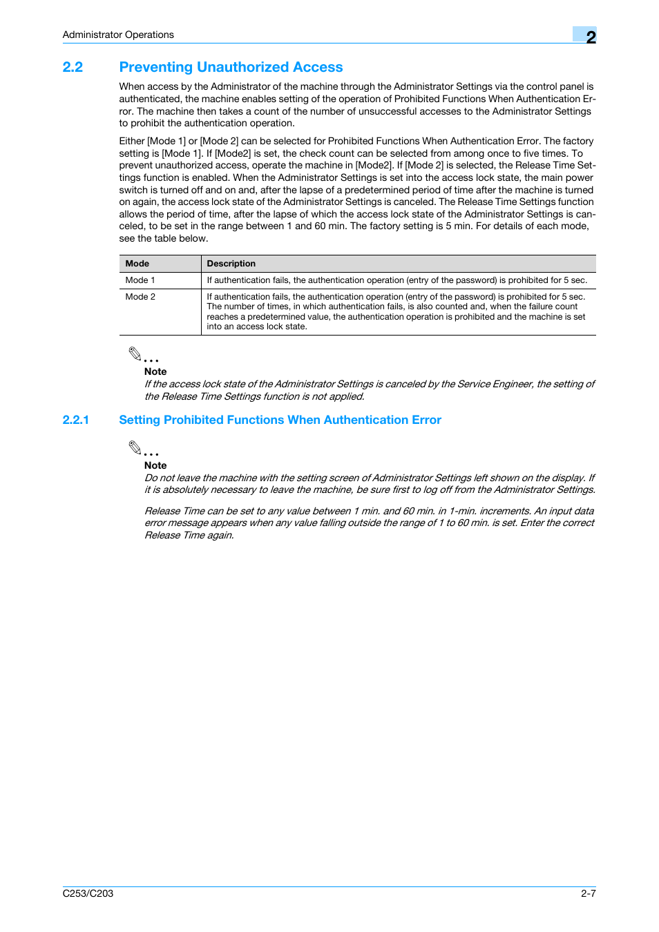 2 preventing unauthorized access, Preventing unauthorized access -7 | Konica Minolta BIZHUB C253 User Manual | Page 18 / 65