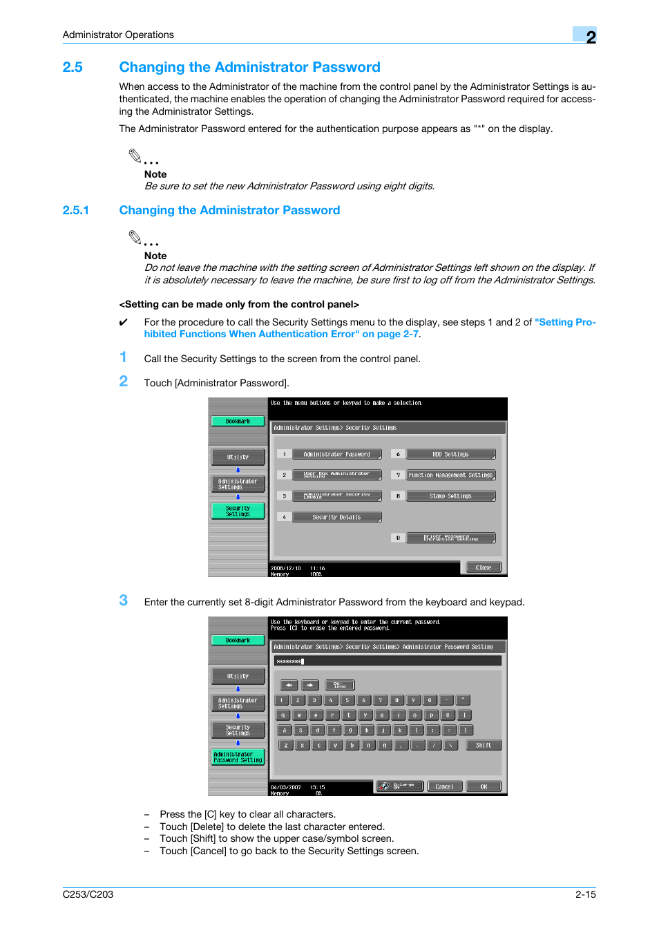 5 changing the administrator password, 1 changing the administrator password, Setting can be made only from the control panel | Changing the administrator password -15 | Konica Minolta BIZHUB C253 User Manual | Page 26 / 65