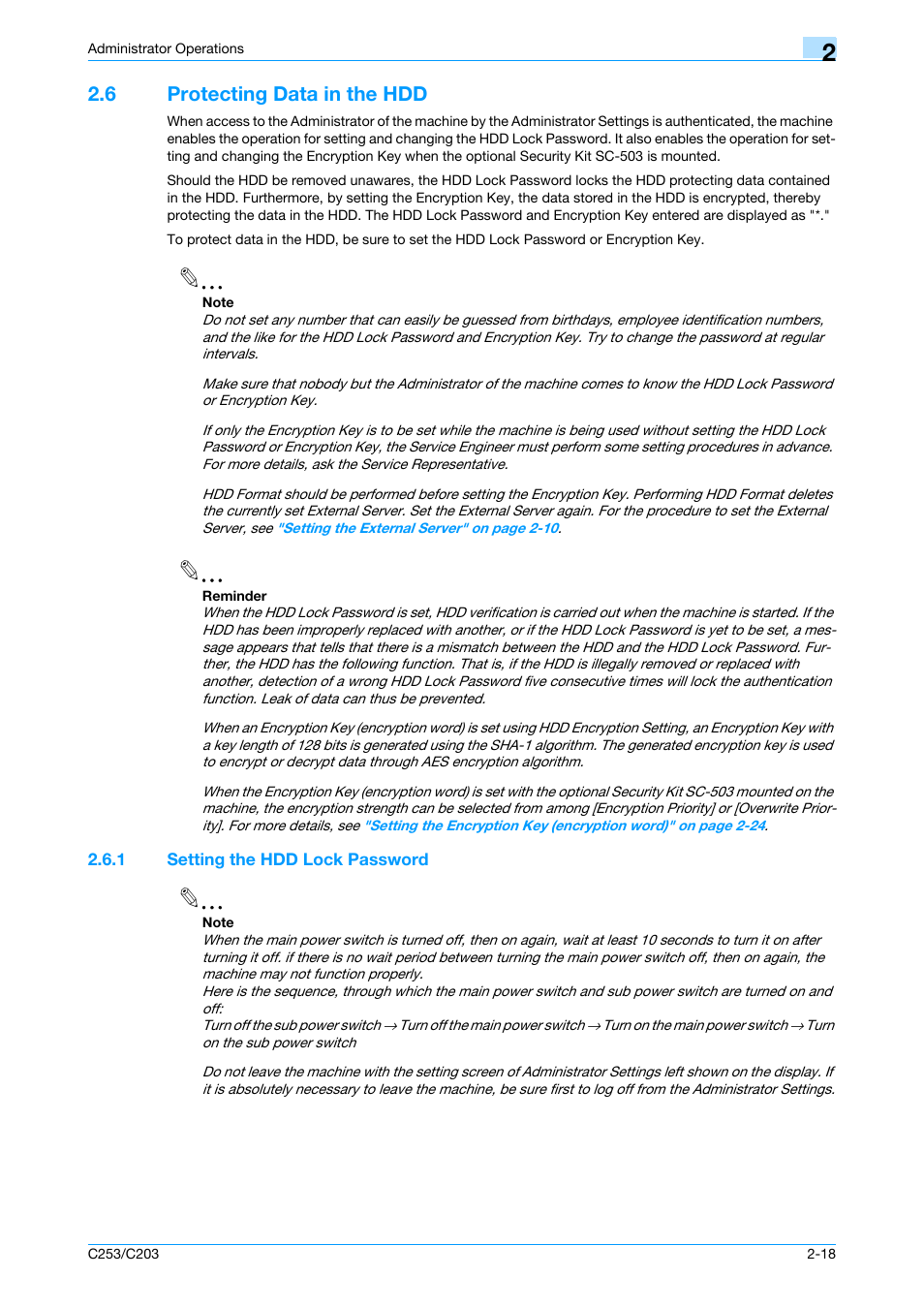 6 protecting data in the hdd, 1 setting the hdd lock password, Protecting data in the hdd -18 | Setting the hdd lock password -18 | Konica Minolta BIZHUB C253 User Manual | Page 29 / 65