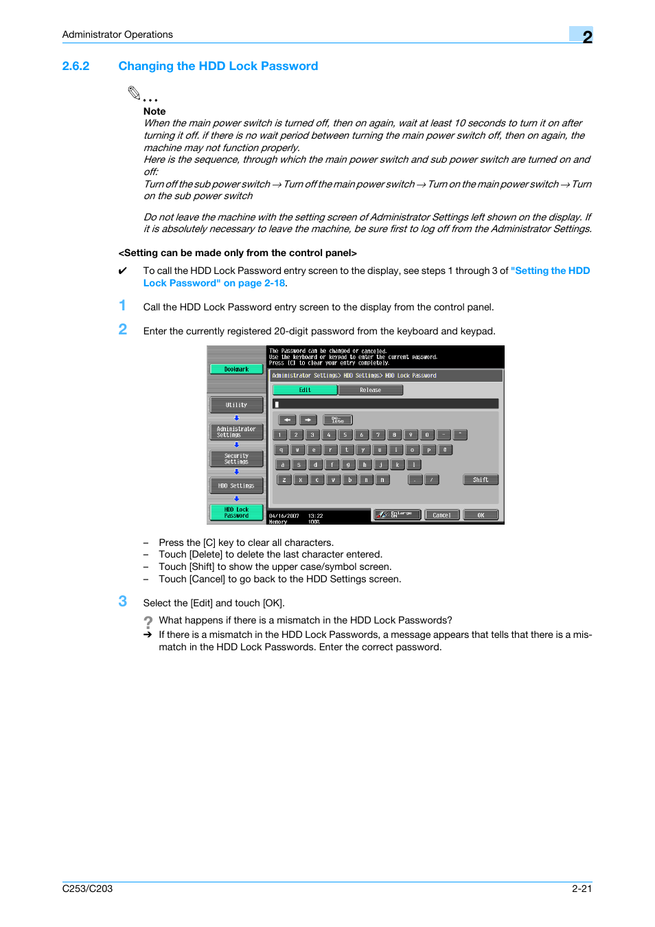 2 changing the hdd lock password, Setting can be made only from the control panel | Konica Minolta BIZHUB C253 User Manual | Page 32 / 65