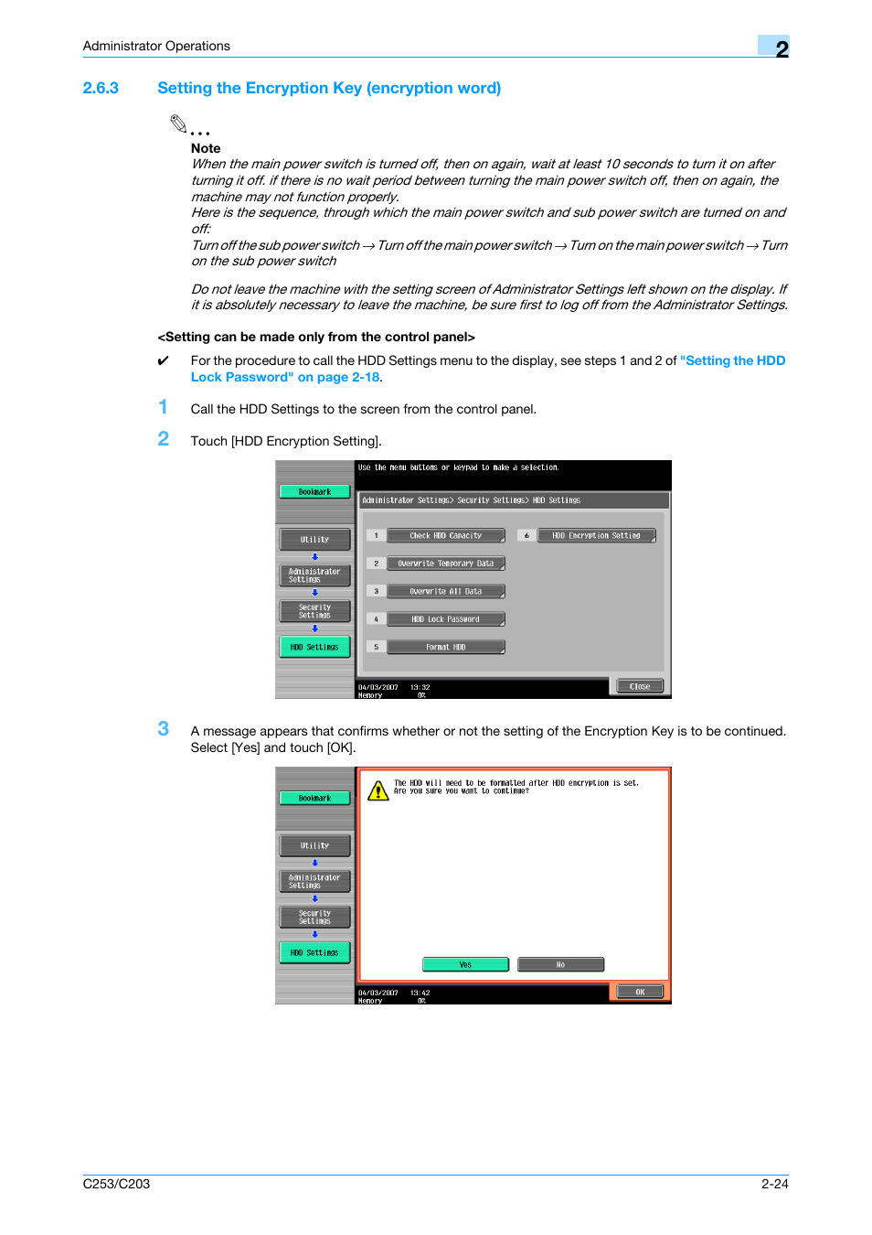 3 setting the encryption key (encryption word), Setting can be made only from the control panel | Konica Minolta BIZHUB C253 User Manual | Page 35 / 65