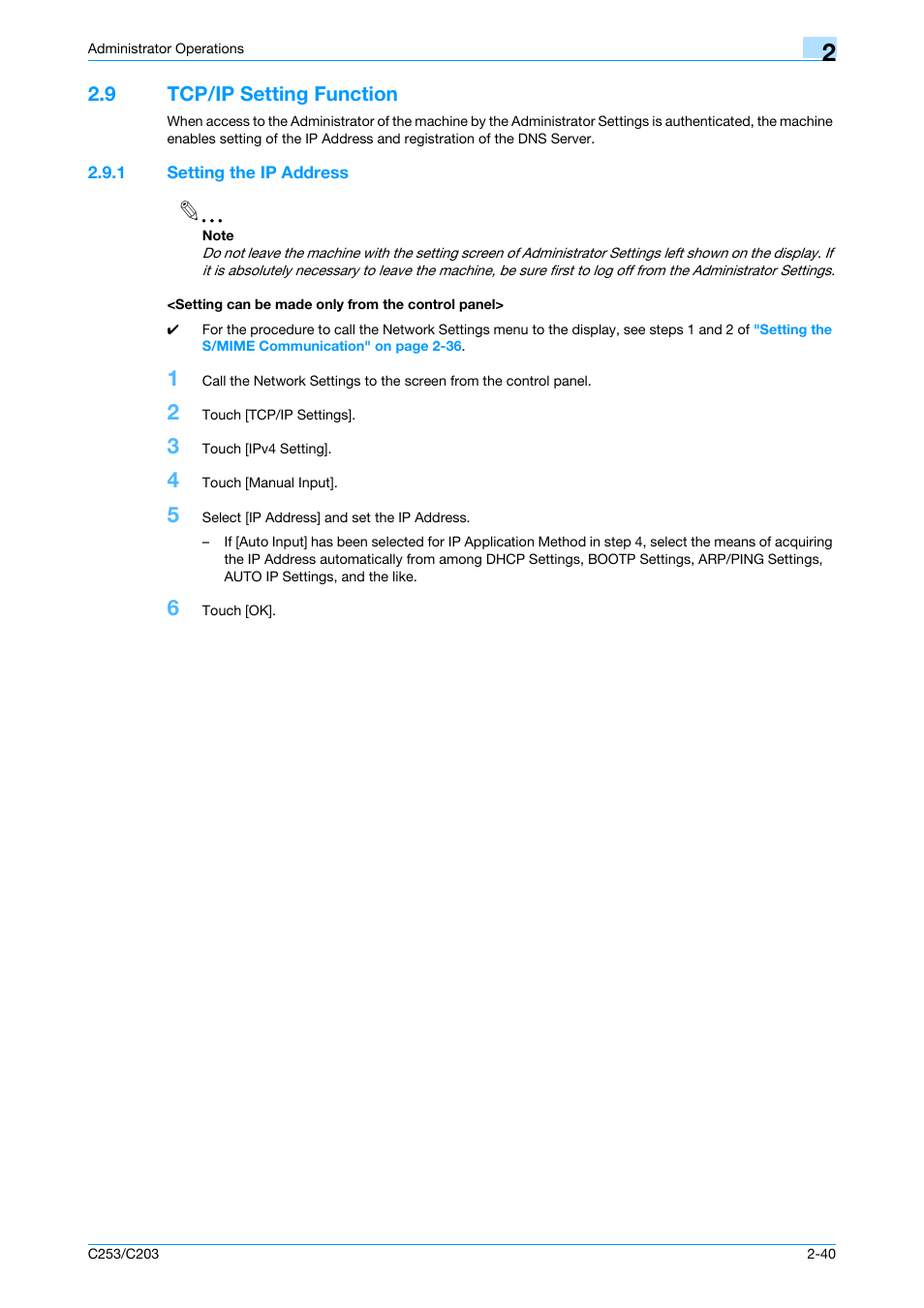 9 tcp/ip setting function, 1 setting the ip address, Setting can be made only from the control panel | Tcp/ip setting function -40 | Konica Minolta BIZHUB C253 User Manual | Page 51 / 65