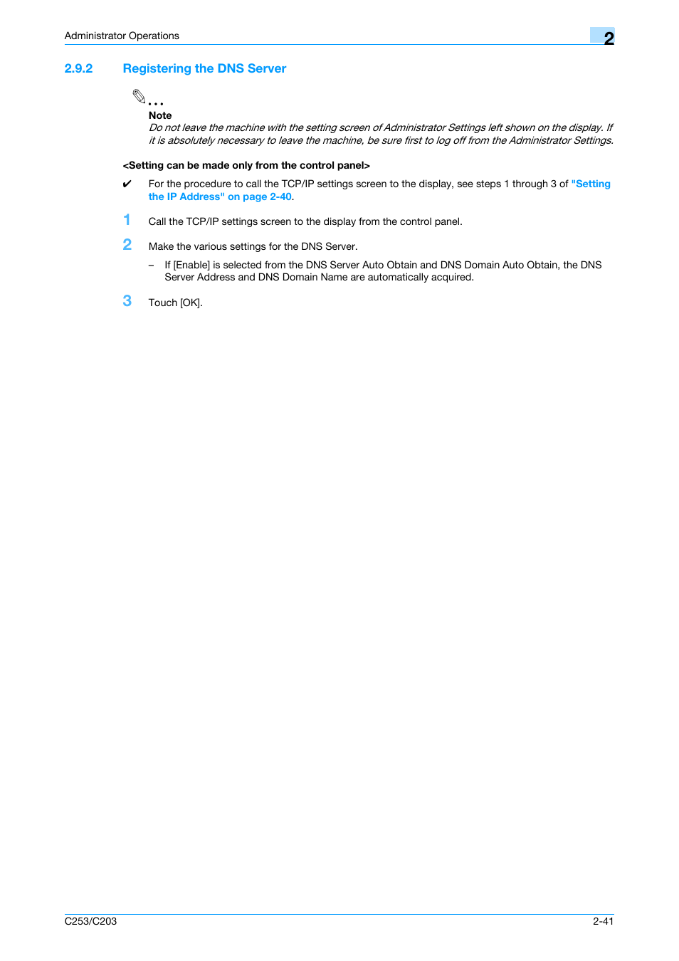 2 registering the dns server, Setting can be made only from the control panel | Konica Minolta BIZHUB C253 User Manual | Page 52 / 65