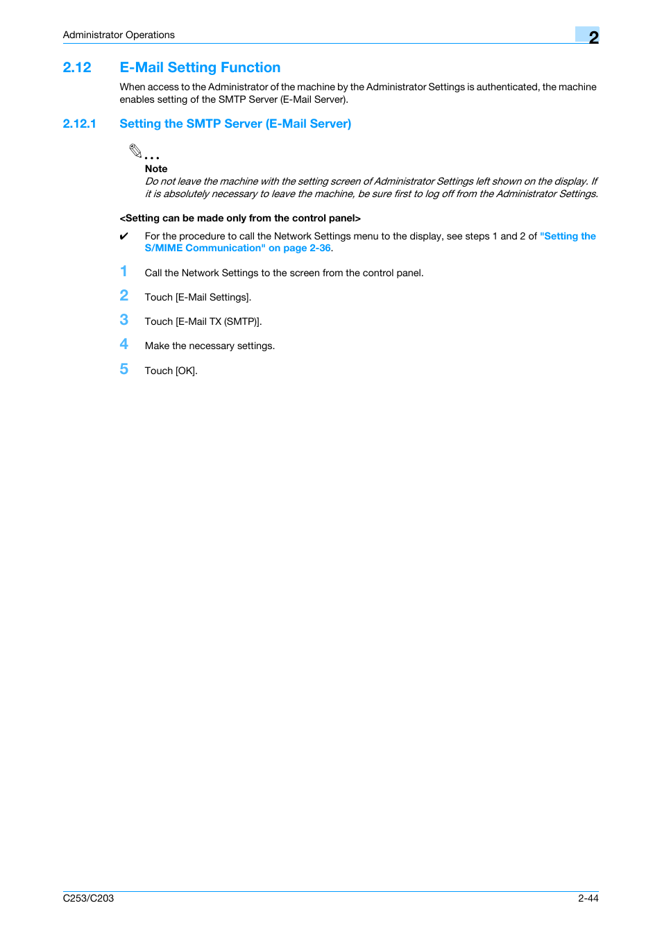 12 e-mail setting function, 1 setting the smtp server (e-mail server), Setting can be made only from the control panel | E-mail setting function -44 | Konica Minolta BIZHUB C253 User Manual | Page 55 / 65