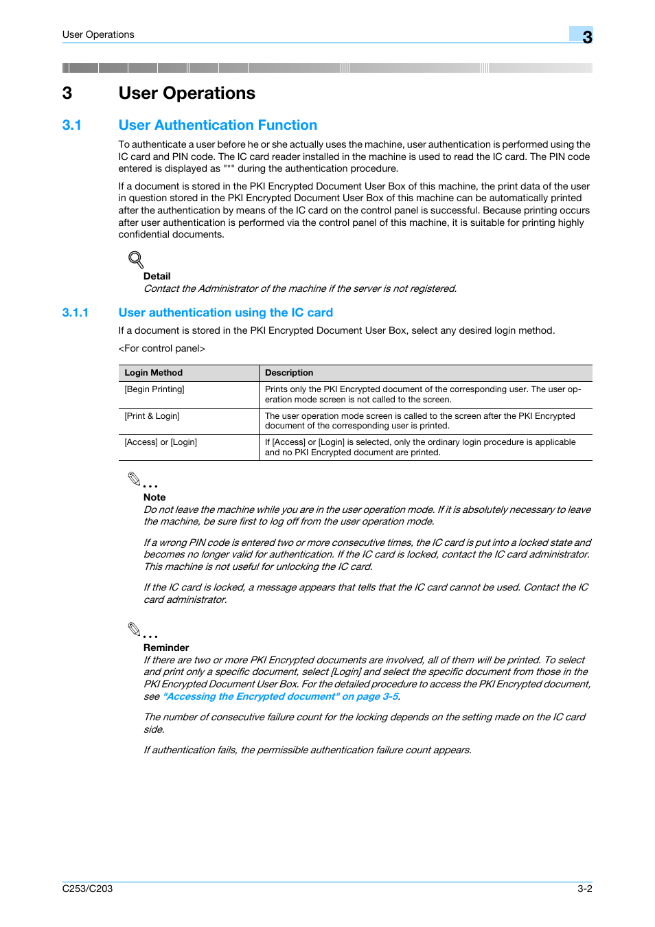 3 user operations, 1 user authentication function, 1 user authentication using the ic card | User operations, User authentication function -2, User authentication using the ic card -2, 3user operations | Konica Minolta BIZHUB C253 User Manual | Page 57 / 65