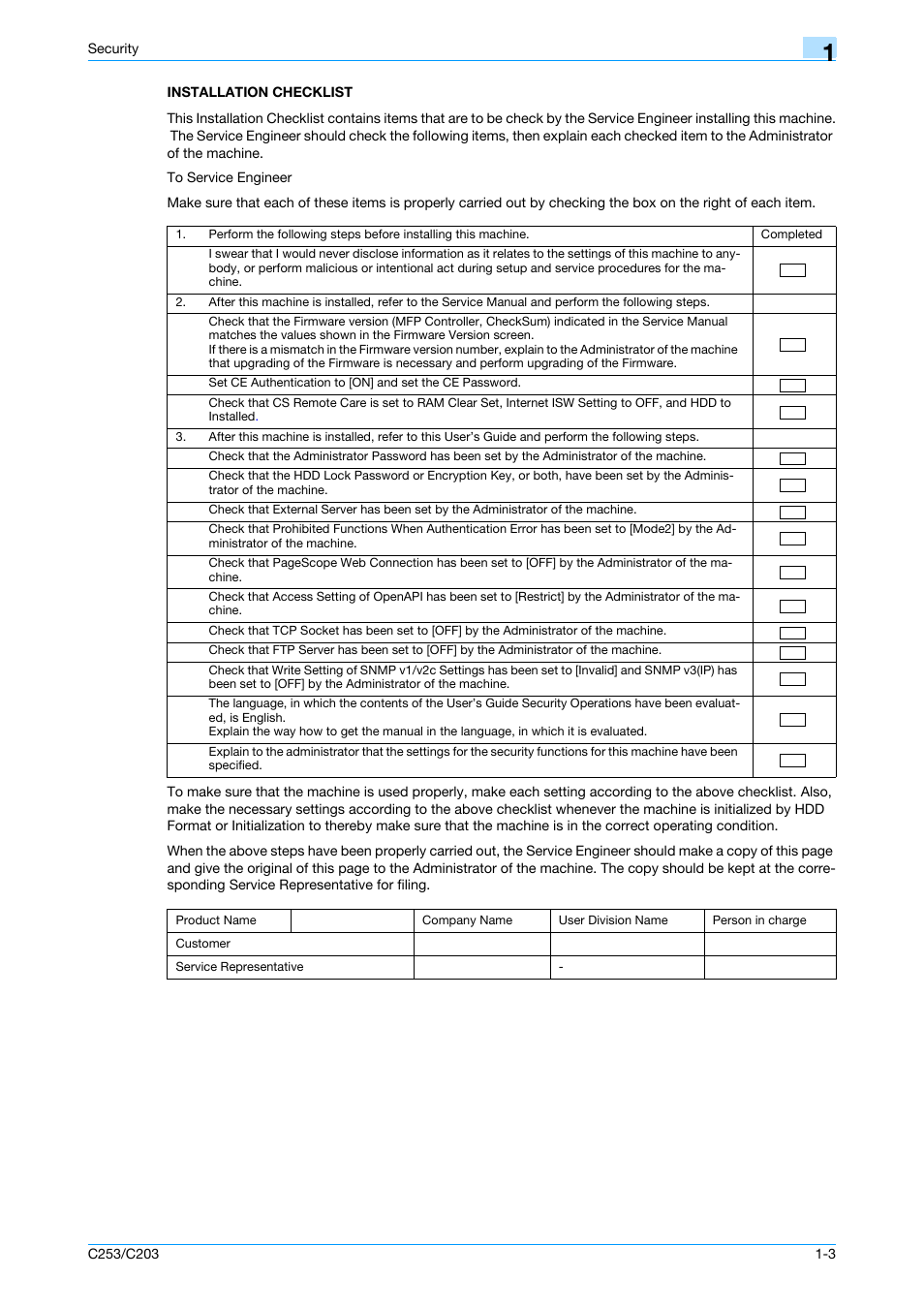 Installation checklist, Installation checklist -3 | Konica Minolta BIZHUB C253 User Manual | Page 6 / 65