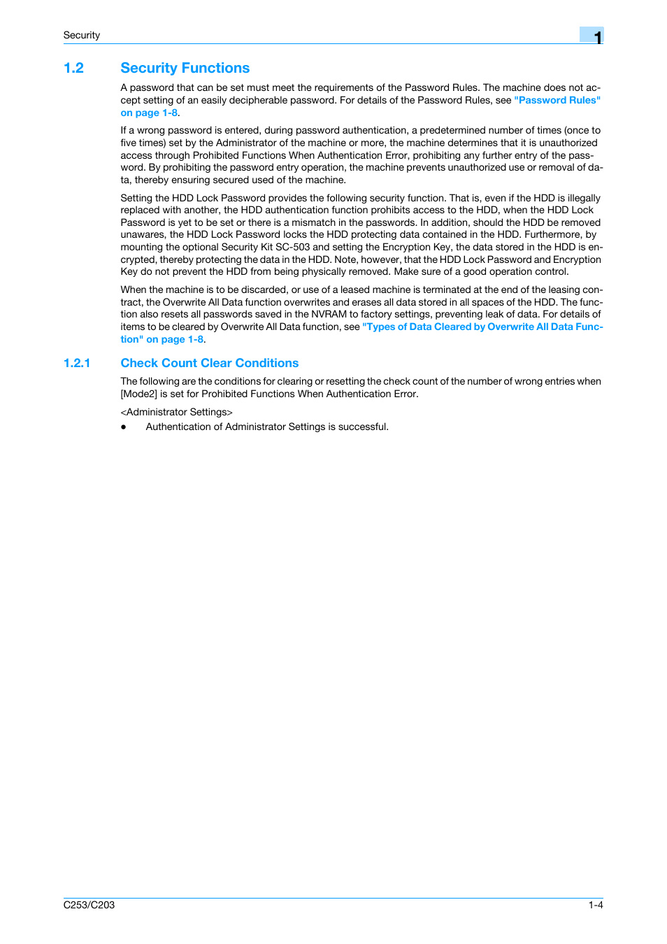 2 security functions, 1 check count clear conditions, Security functions -4 | Check count clear conditions -4 | Konica Minolta BIZHUB C253 User Manual | Page 7 / 65