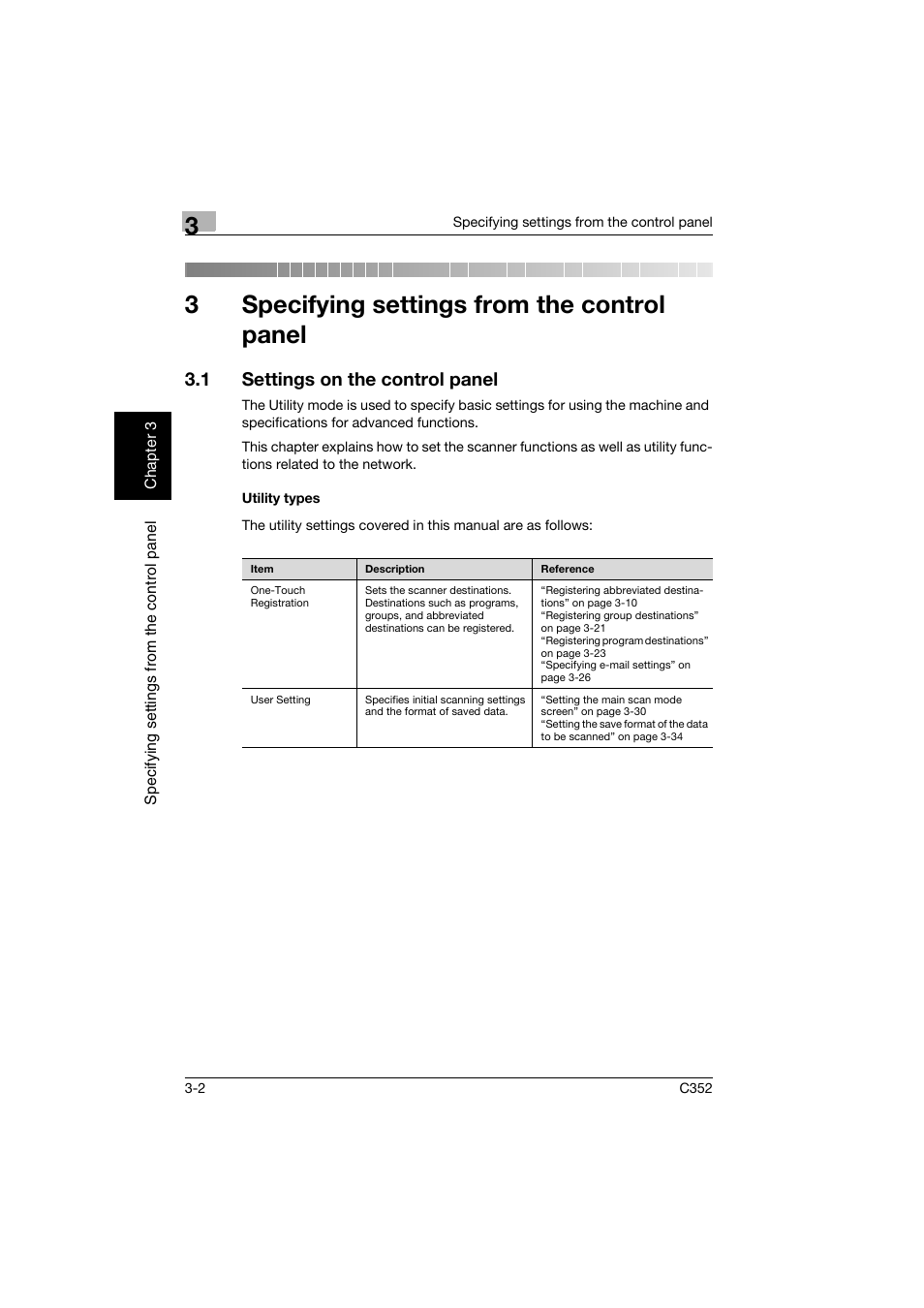 3 specifying settings from the control panel, 1 settings on the control panel, Utility types | Specifying settings from the control panel, Settings on the control panel -2, Utility types -2, 3specifying settings from the control panel | Konica Minolta bizhub C352 User Manual | Page 113 / 392