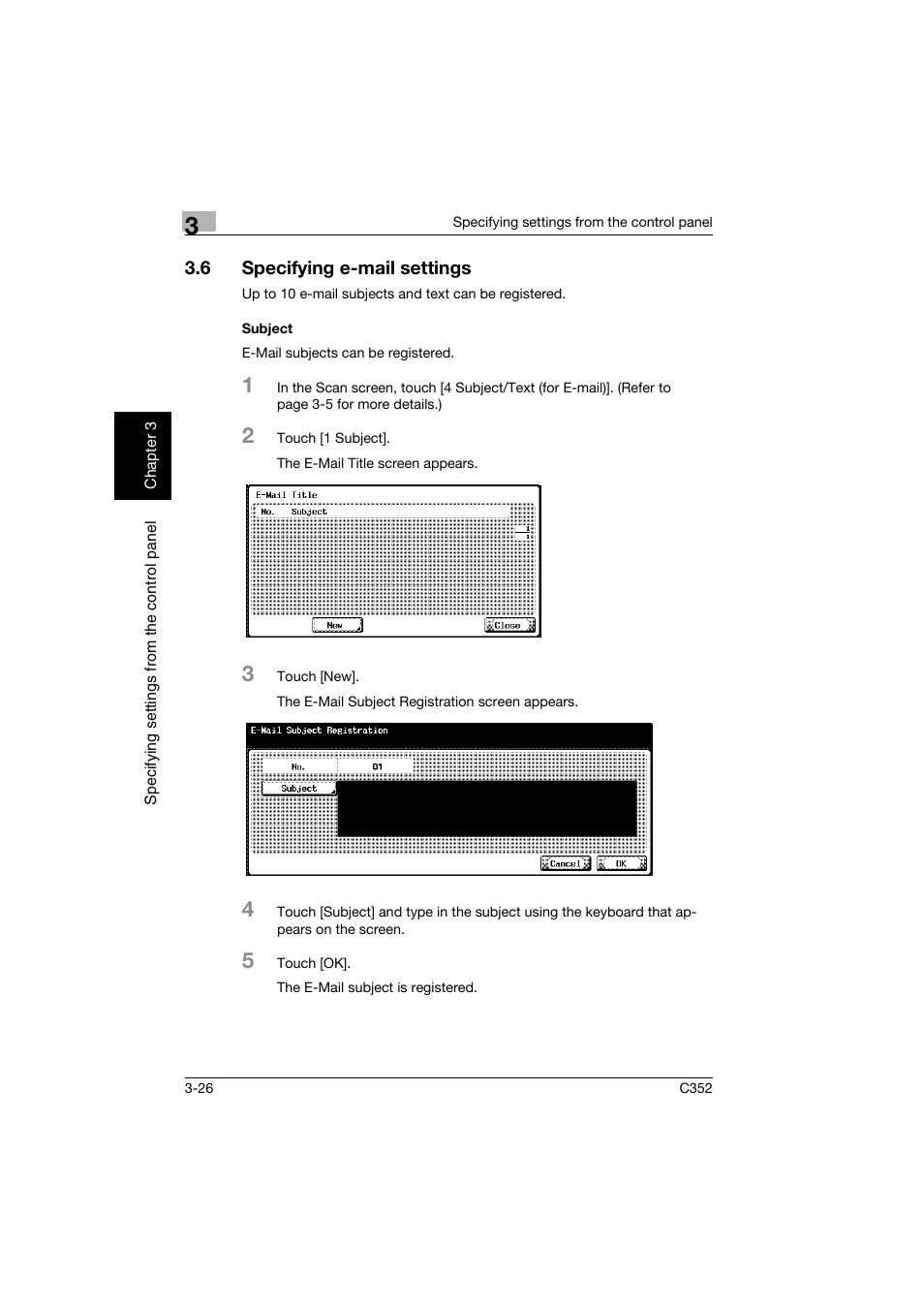 6 specifying e-mail settings, Subject, Specifying e-mail settings -26 | Subject -26 | Konica Minolta bizhub C352 User Manual | Page 137 / 392