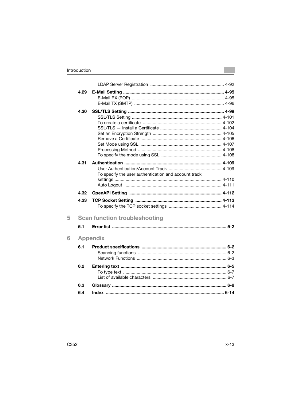 5scan function troubleshooting, 6appendix | Konica Minolta bizhub C352 User Manual | Page 14 / 392