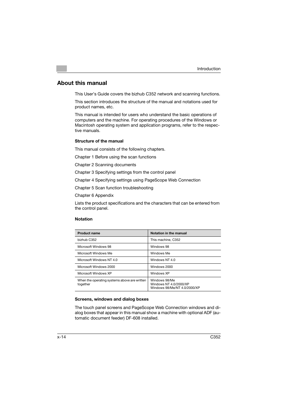 About this manual, Structure of the manual, Notation | Screens, windows and dialog boxes | Konica Minolta bizhub C352 User Manual | Page 15 / 392