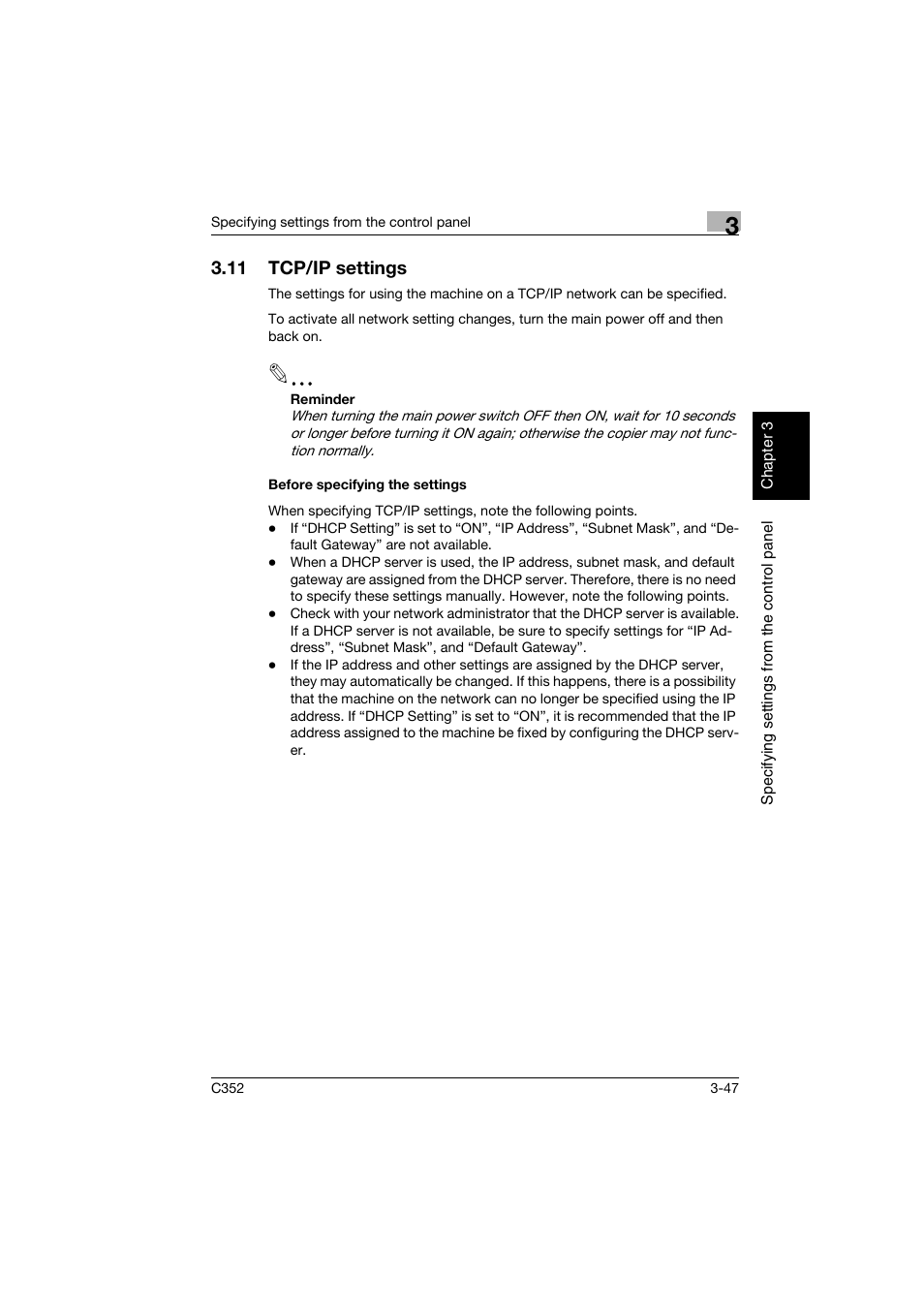 11 tcp/ip settings, Before specifying the settings, Tcp/ip settings -47 | Before specifying the settings -47 | Konica Minolta bizhub C352 User Manual | Page 158 / 392