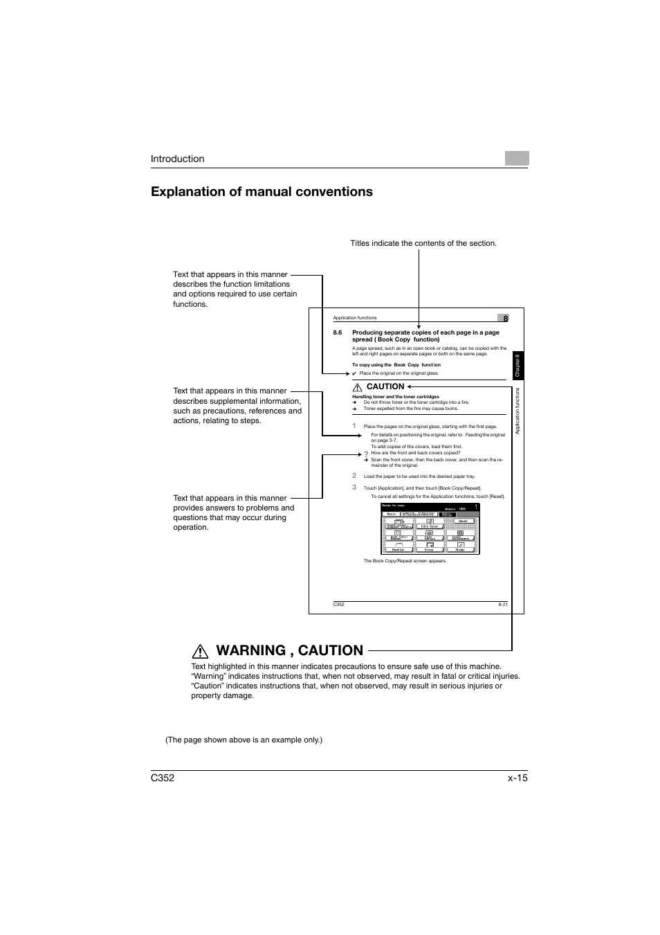 Explanation of manual conventions, Warning , caution | Konica Minolta bizhub C352 User Manual | Page 16 / 392