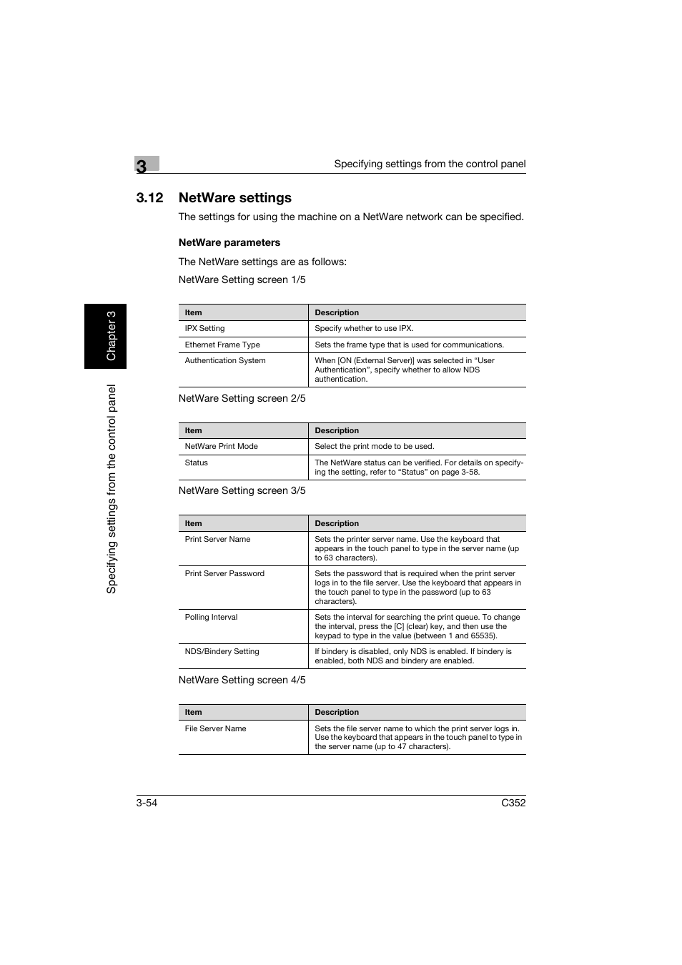 12 netware settings, Netware parameters, Netware settings -54 | Netware parameters -54 | Konica Minolta bizhub C352 User Manual | Page 165 / 392