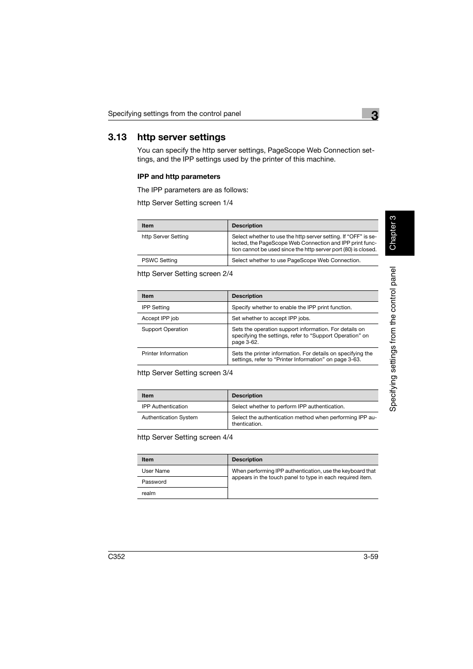 13 http server settings, Ipp and http parameters, Http server settings -59 | Ipp and http parameters -59 | Konica Minolta bizhub C352 User Manual | Page 170 / 392