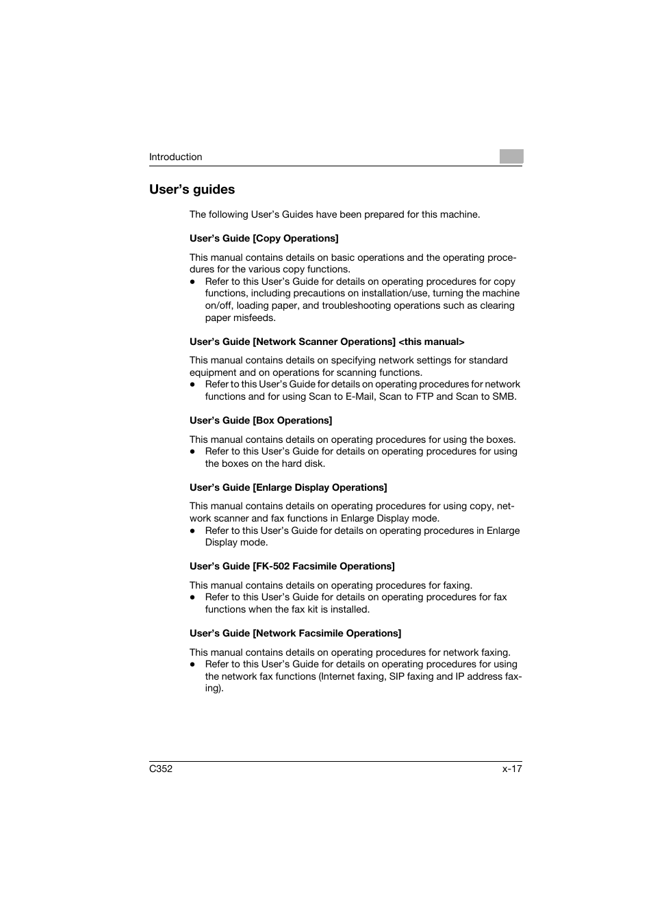 User’s guides, User’s guide [copy operations, User’s guide [box operations | User’s guide [enlarge display operations, User’s guide [fk-502 facsimile operations, User’s guide [network facsimile operations | Konica Minolta bizhub C352 User Manual | Page 18 / 392