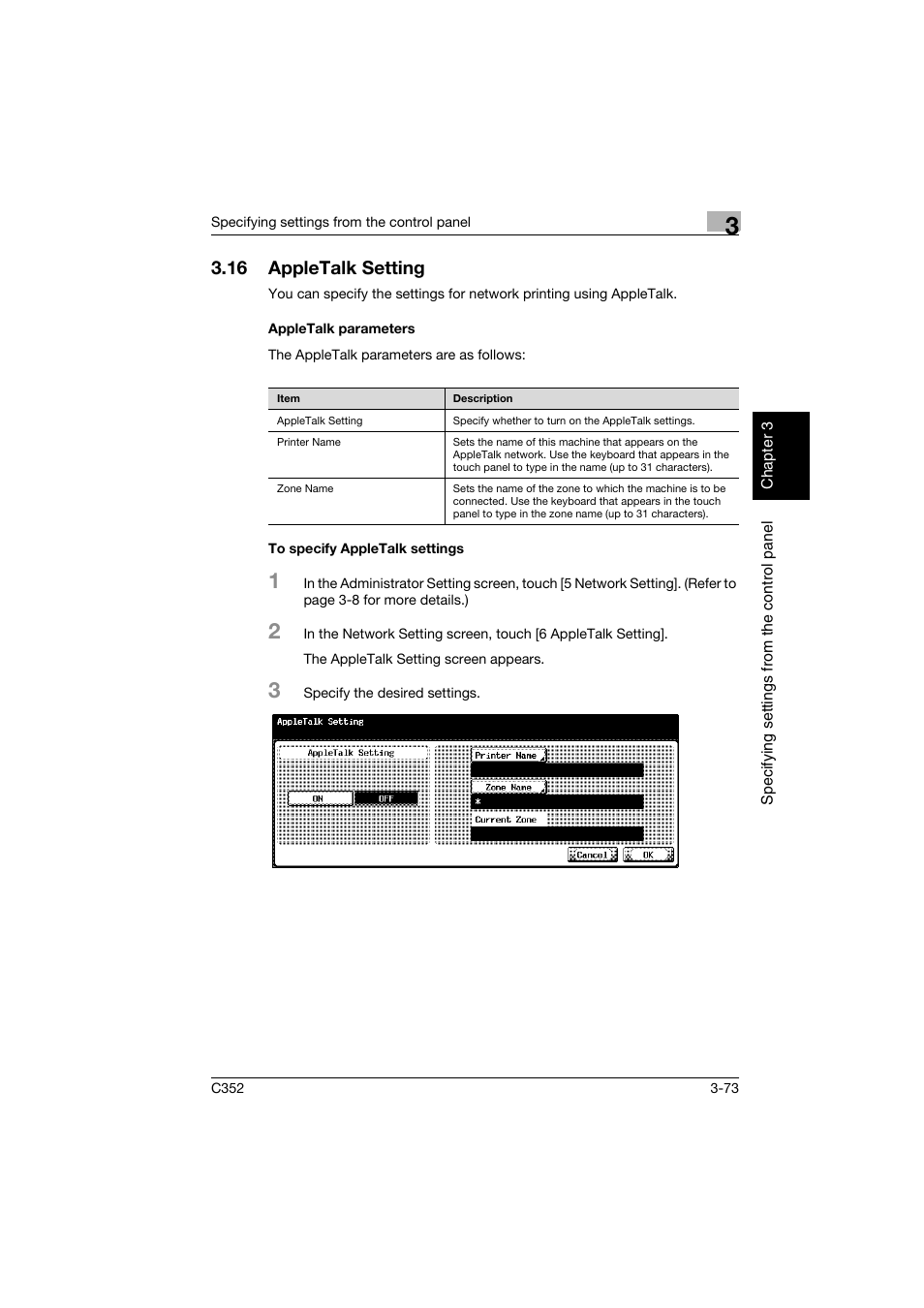 16 appletalk setting, Appletalk parameters, To specify appletalk settings | Appletalk setting -73 | Konica Minolta bizhub C352 User Manual | Page 184 / 392