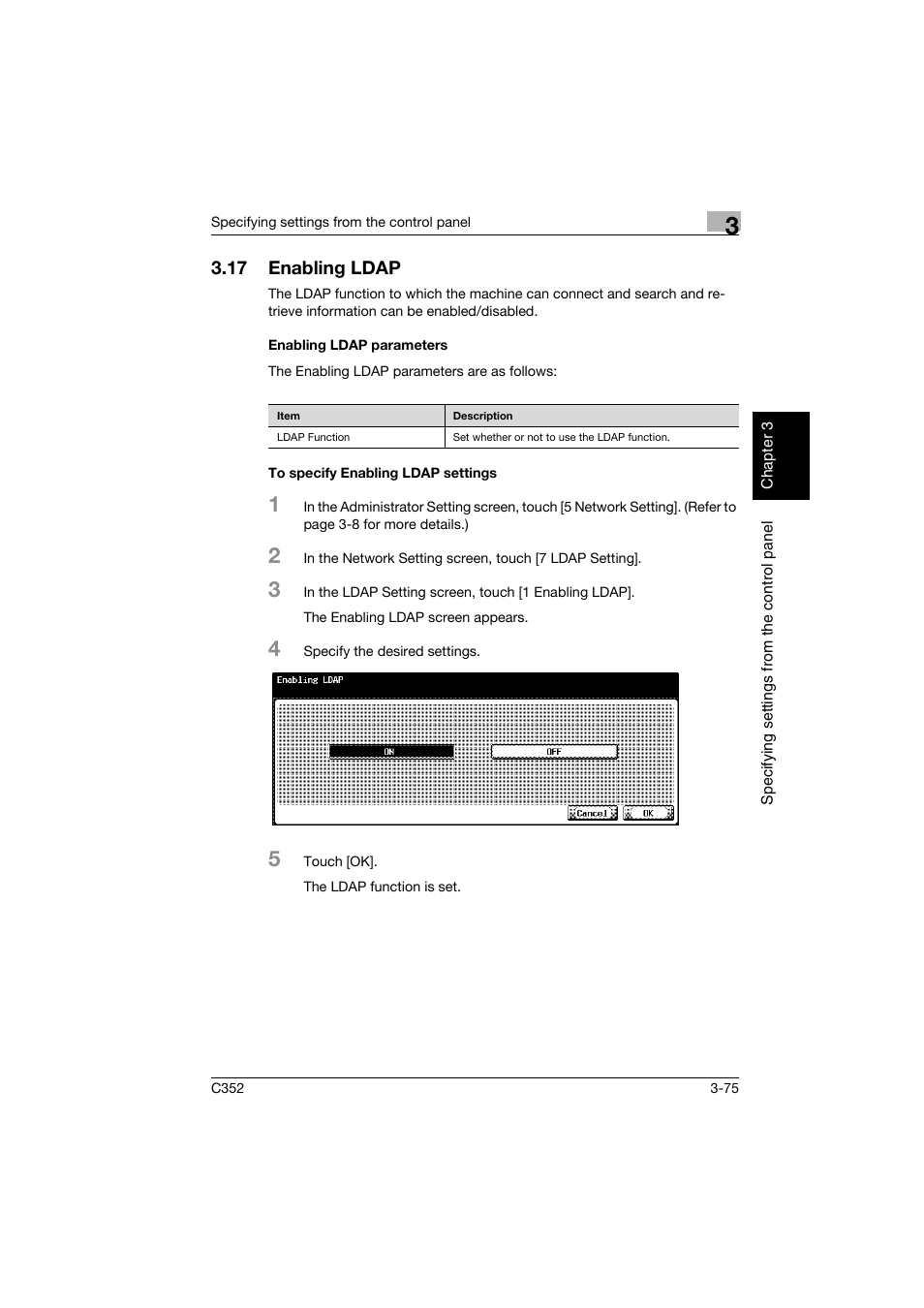 17 enabling ldap, Enabling ldap parameters, To specify enabling ldap settings | Enabling ldap -75, Enabling ldap parameters -75, To specify enabling ldap settings -75 | Konica Minolta bizhub C352 User Manual | Page 186 / 392