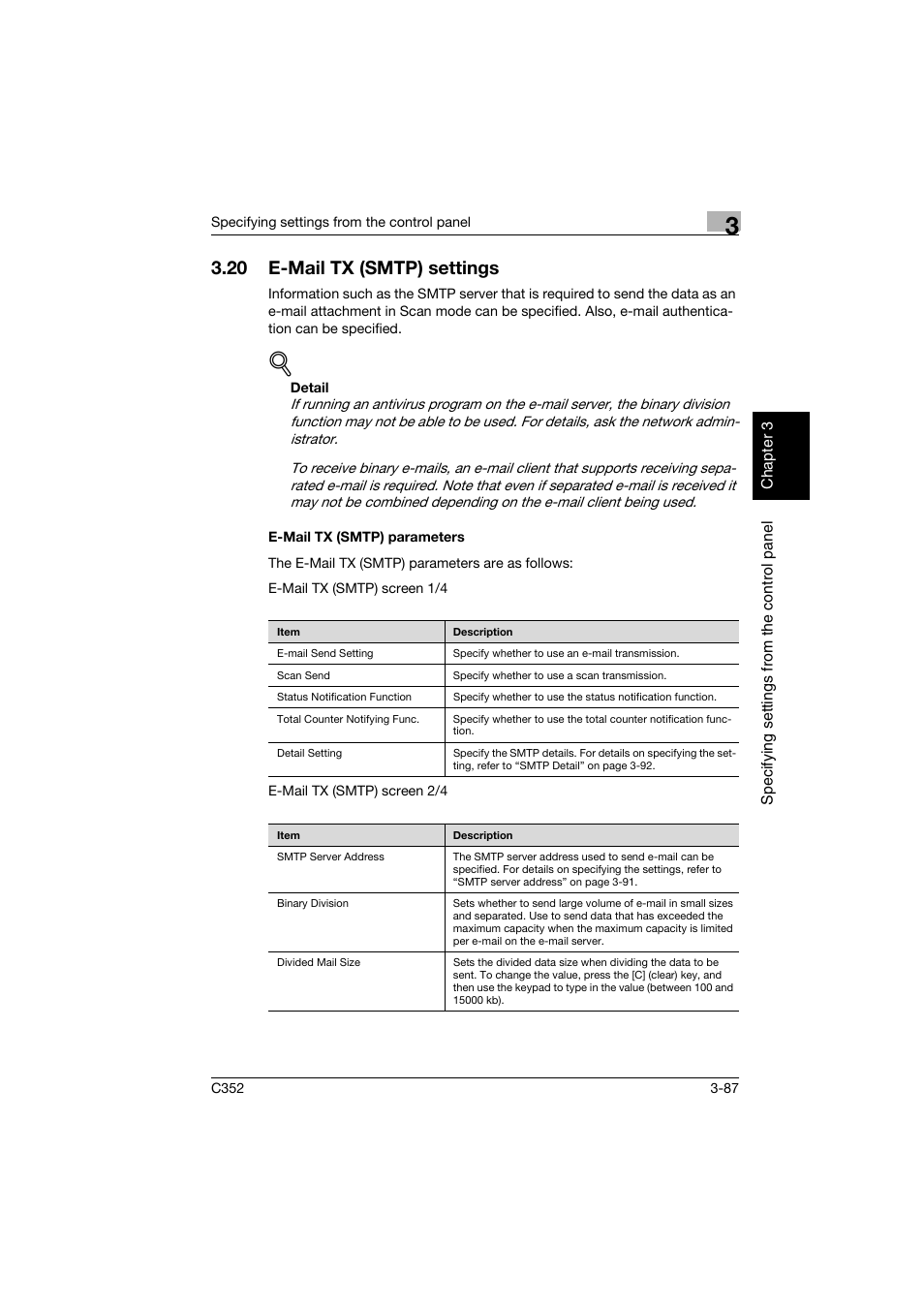 20 e-mail tx (smtp) settings, E-mail tx (smtp) parameters, E-mail tx (smtp) settings -87 | E-mail tx (smtp) parameters -87 | Konica Minolta bizhub C352 User Manual | Page 198 / 392