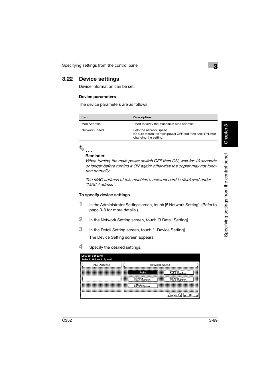 22 device settings, Device parameters, To specify device settings | Device settings -99 | Konica Minolta bizhub C352 User Manual | Page 210 / 392