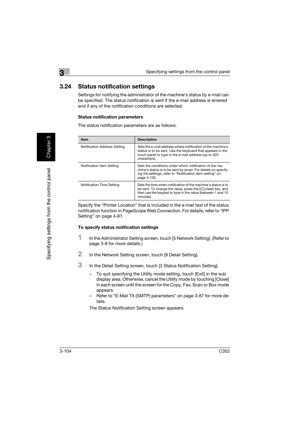 24 status notification settings, Status notification parameters, To specify status notification settings | Status notification settings -104 | Konica Minolta bizhub C352 User Manual | Page 215 / 392