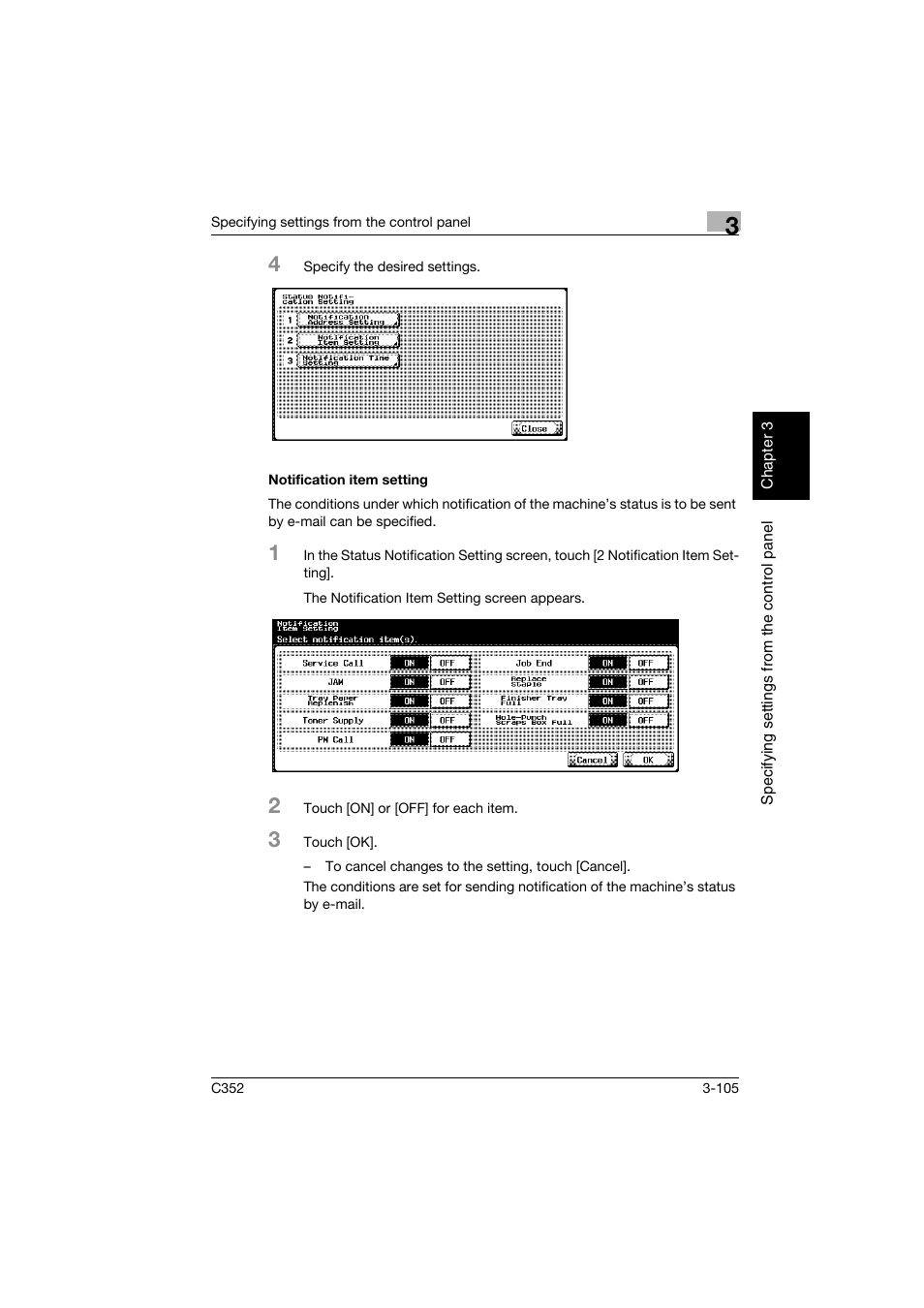 Notification item setting, Notification item setting -105 | Konica Minolta bizhub C352 User Manual | Page 216 / 392