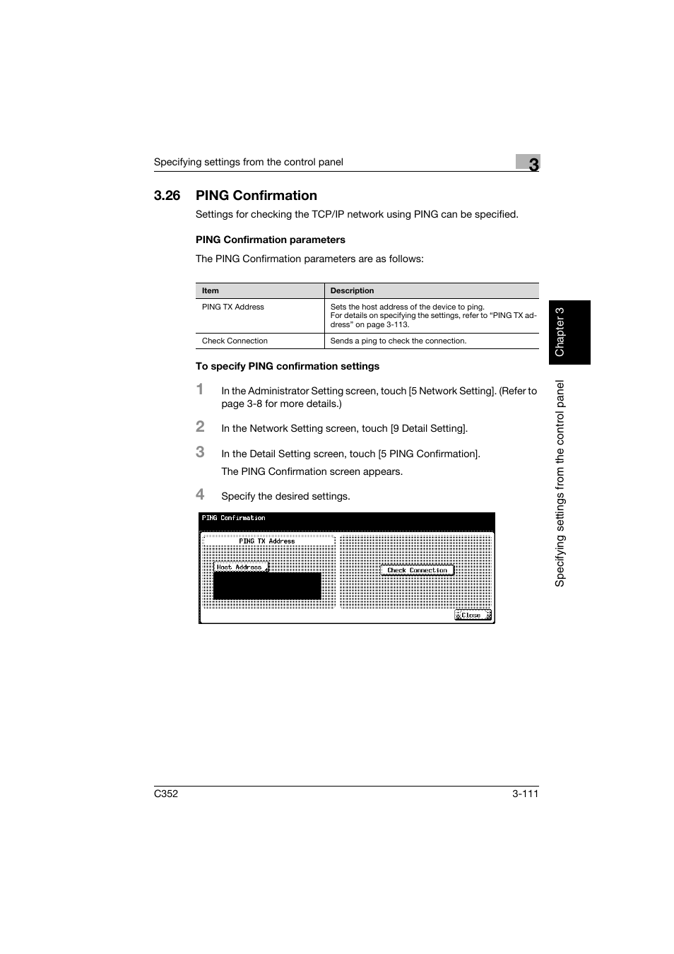 26 ping confirmation, Ping confirmation parameters, To specify ping confirmation settings | Ping confirmation -111 | Konica Minolta bizhub C352 User Manual | Page 222 / 392