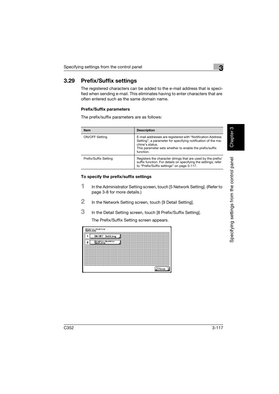 29 prefix/suffix settings, Prefix/suffix parameters, To specify the prefix/suffix settings | Prefix/suffix settings -117 | Konica Minolta bizhub C352 User Manual | Page 228 / 392