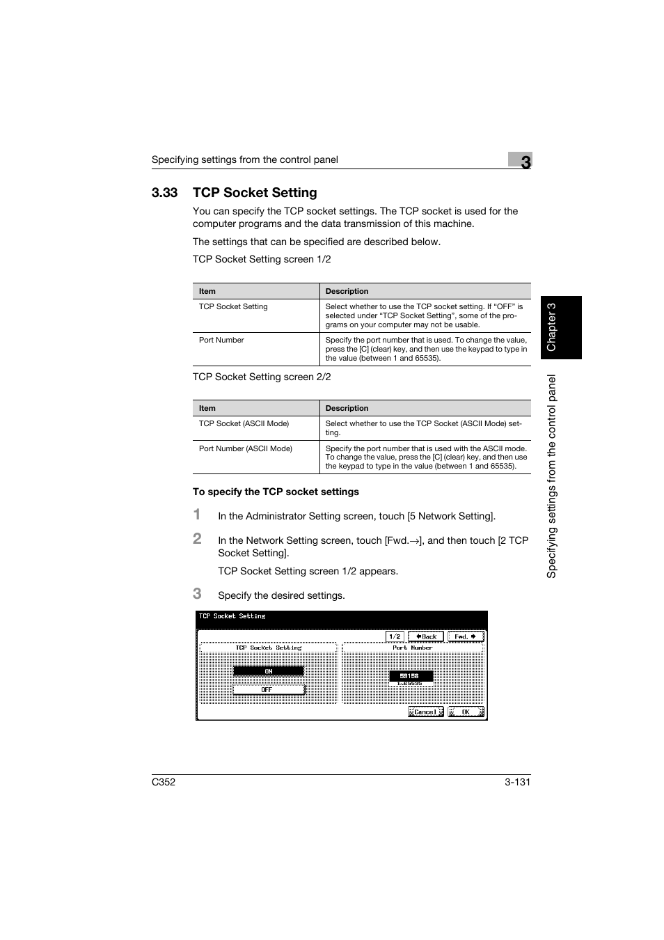 33 tcp socket setting, To specify the tcp socket settings, Tcp socket setting -131 | To specify the tcp socket settings -131 | Konica Minolta bizhub C352 User Manual | Page 242 / 392