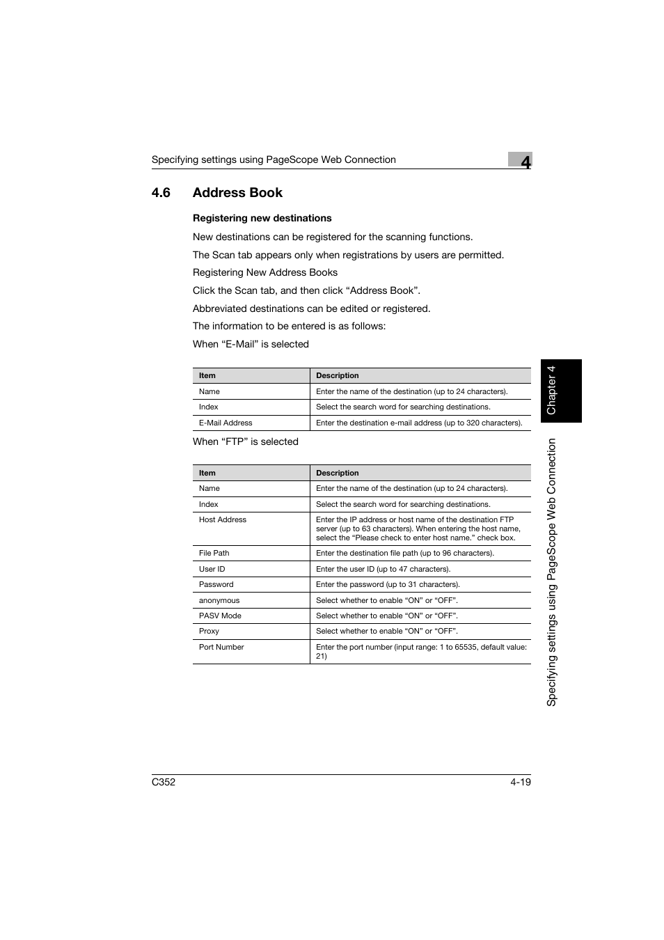 6 address book, Registering new destinations, Address book -19 | Registering new destinations -19 | Konica Minolta bizhub C352 User Manual | Page 276 / 392