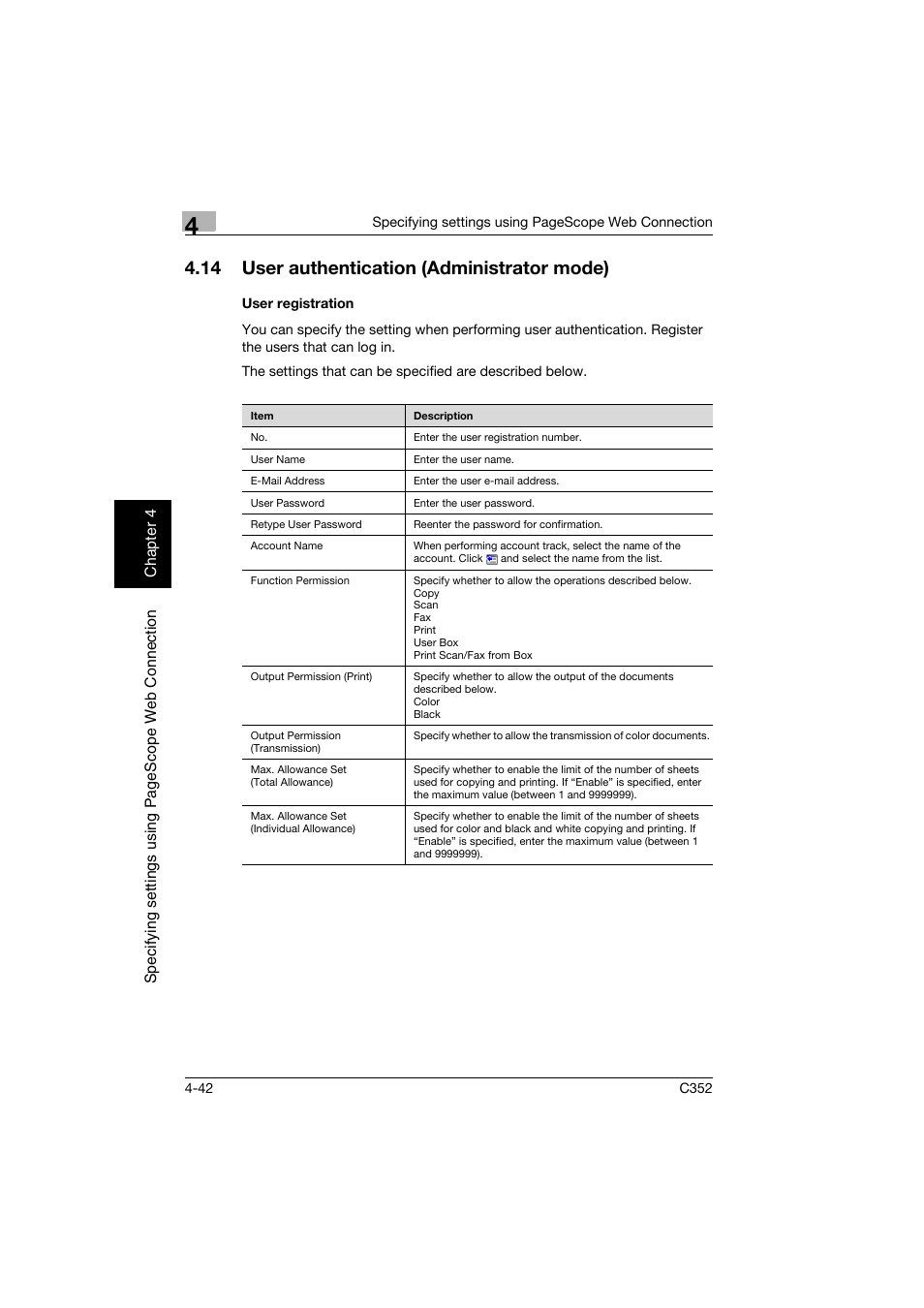 14 user authentication (administrator mode), User registration, User authentication (administrator mode) -42 | User registration -42 | Konica Minolta bizhub C352 User Manual | Page 299 / 392