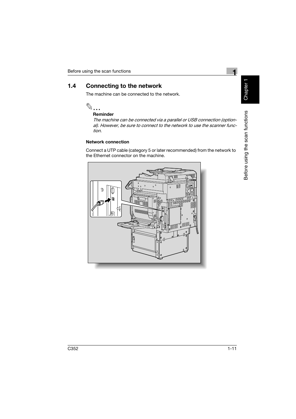 4 connecting to the network, Network connection, Connecting to the network -11 | Network connection -11 | Konica Minolta bizhub C352 User Manual | Page 30 / 392